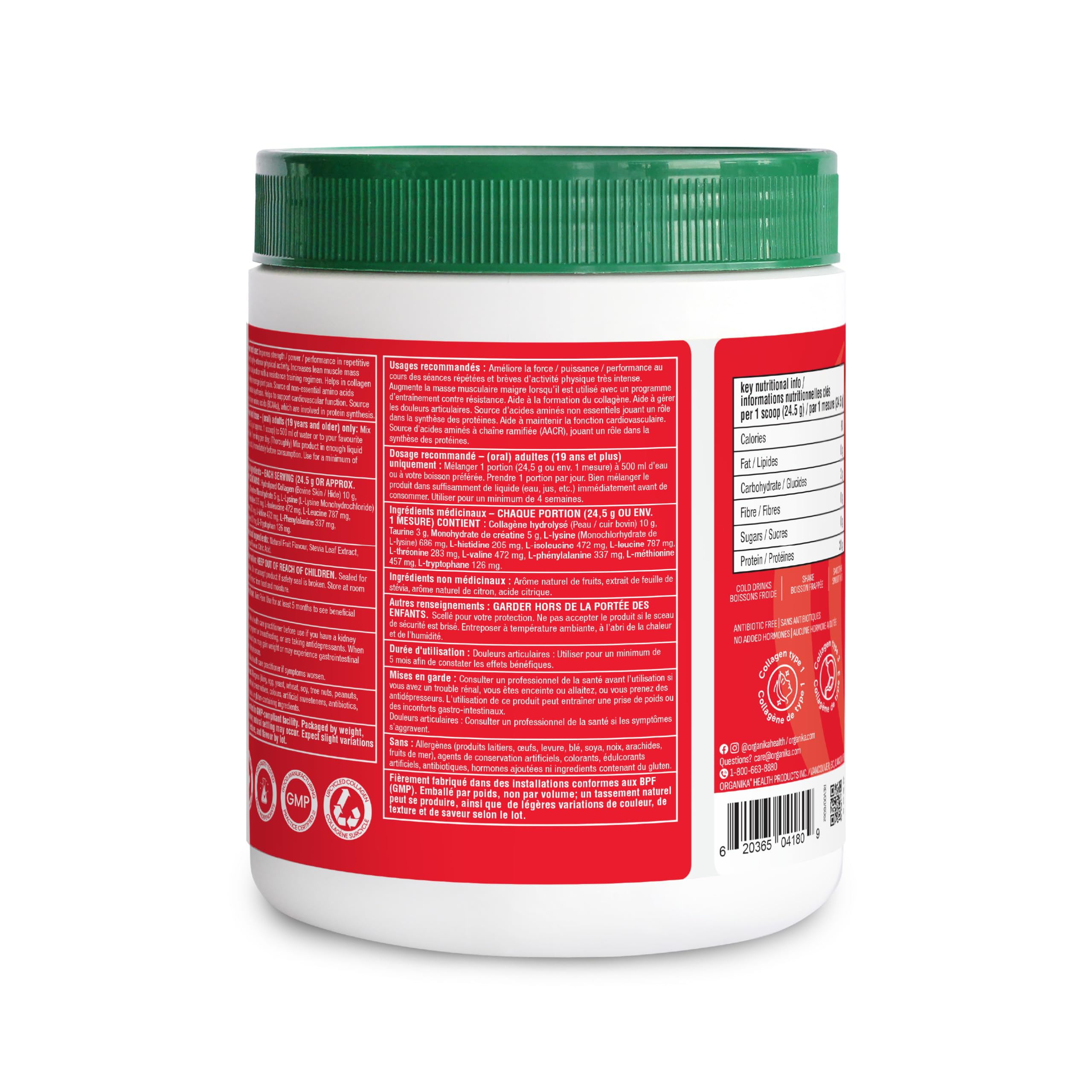 Organika Canadian-Made Enhanced Collagen Sport - 20g Collagen Protein + Creatine, Taurine, and Complete Amino Acid Profile | Promotes Muscle Growth, Strength, and Joint Health - Lemon Flavour - 564g