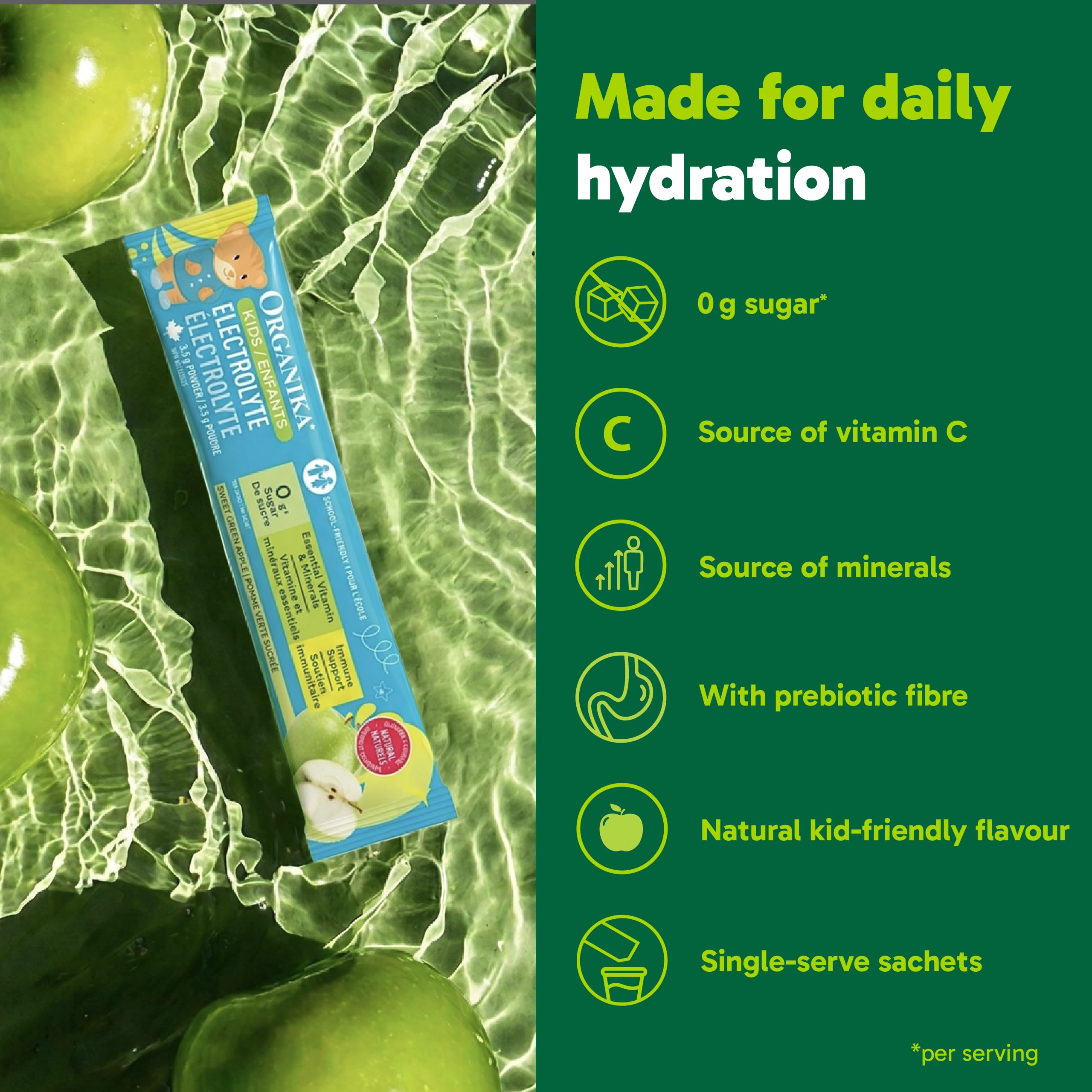Organika Kids Electrolytes Powder Sticks - Sugar-Free Hydration + Immune support with 100% of daily Vitamin C, Minerals and Prebiotic Fibre | Green Apple Flavour - 3.5g x 20 sachets