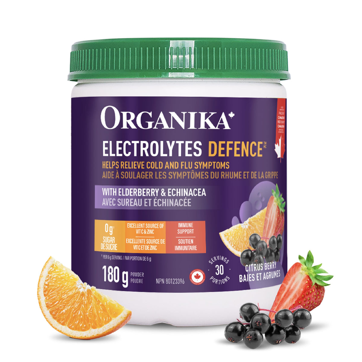 Organika Canadian-Made Electrolytes Defence - Daily Hydration Powder for Immune Support with Elderberry, Echinacea and Zinc, Natural Citrus Berry Flavour, 180 g, 30 Servings,