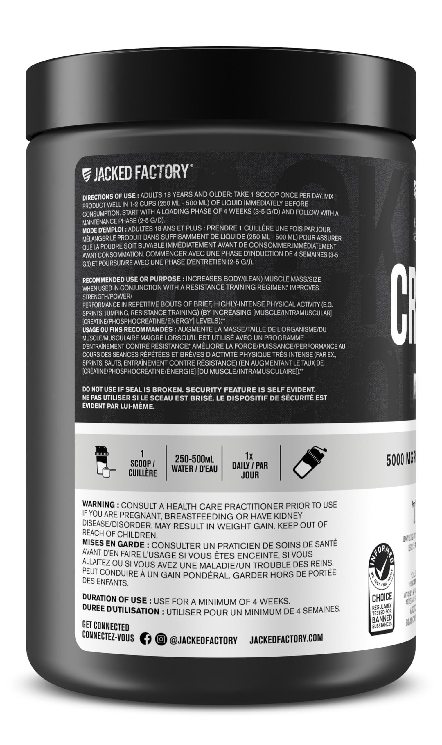 Jacked Factory Creatine Monohydrate Powder - Canadian-Owned Informed Choice Certified Supplement for Increased Muscle Mass*, Improved Strength, Power, & Performance** - 85 Servings, Arctic White