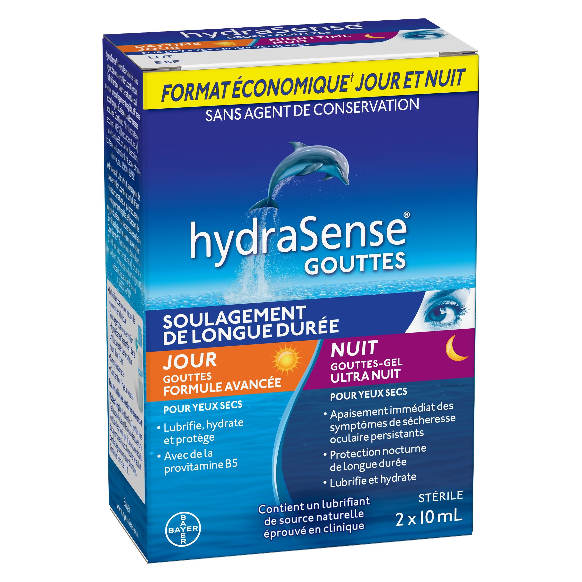 hydraSense Eye Drops Day and Night Pack, For Dry Eyes, Fast and Long-Lasting Relief, Preservative Free, Naturally Sourced Lubricant, Twin Pack (2 x 10 mL), 20 mL