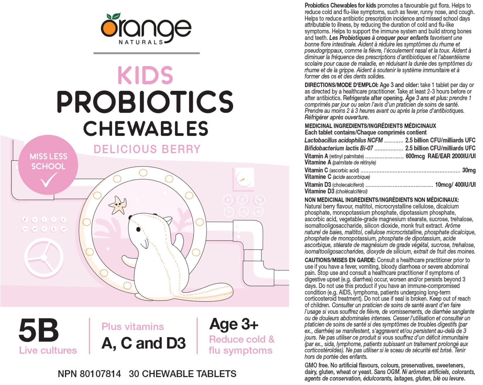 Orange Naturals Kids Probiotics 30 Chewable Tablets 30-Day Supply - Tasty Berry Flavor, 5 Billion Live Cultures with Vitamins A, C & D3, Daily Support for Growing Children, Balanced Digestion, Ages 3+