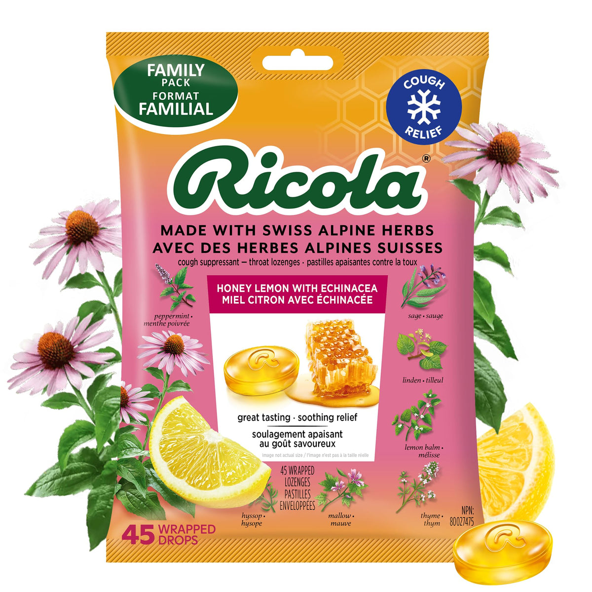 Ricola Honey Lemon Echinacea Cough Drops with Menthol - Minor Cough and Sore Throat Relief - 45 Count – Herbal Throat Lozenges
