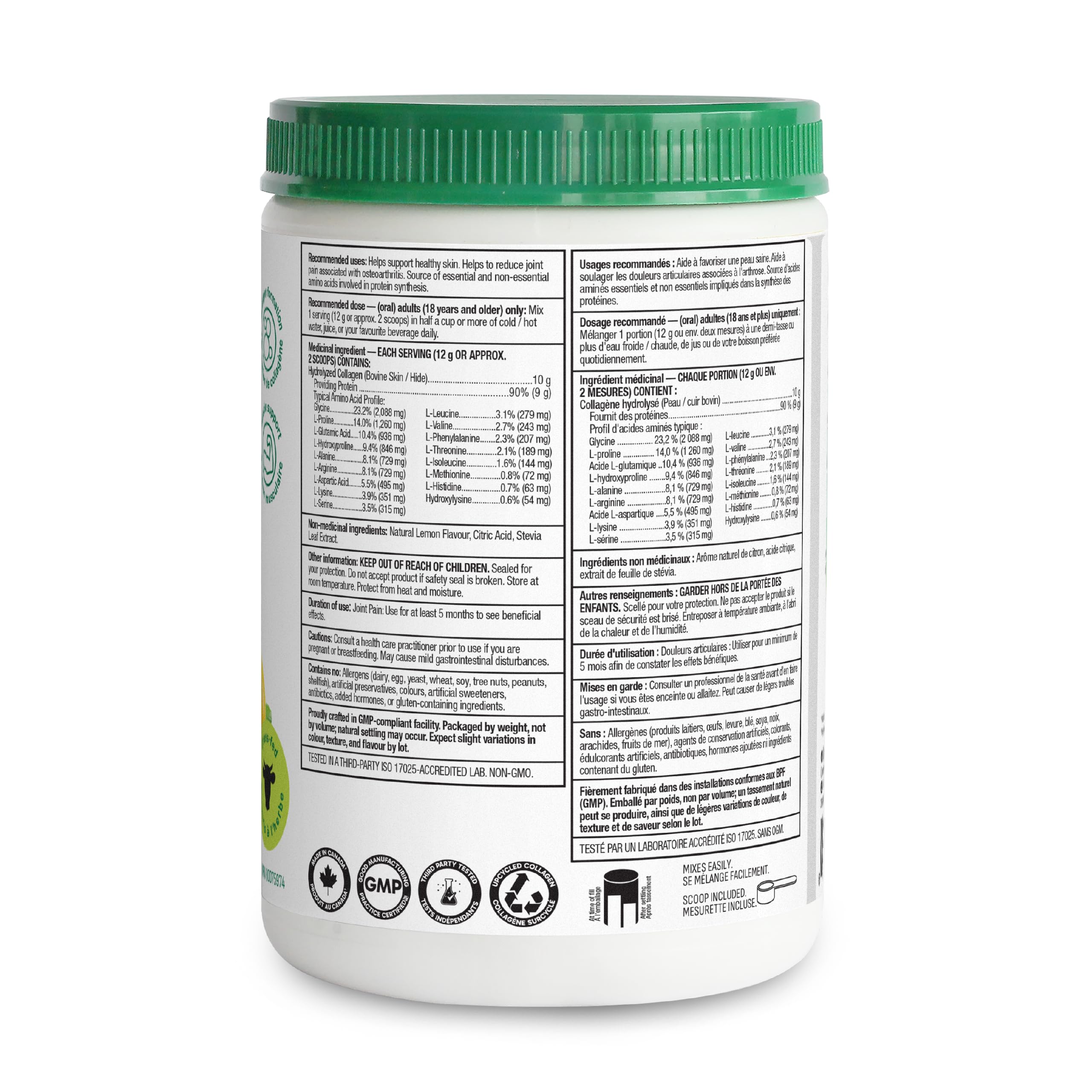Organika Canadian-Made Enhanced Collagen Protein Powder- Lemon - For Healthy Hair, Skin, Nails, Joints - Hydrolyzed For Better Absorption – Grass-Fed, Non-GMO - 252g
