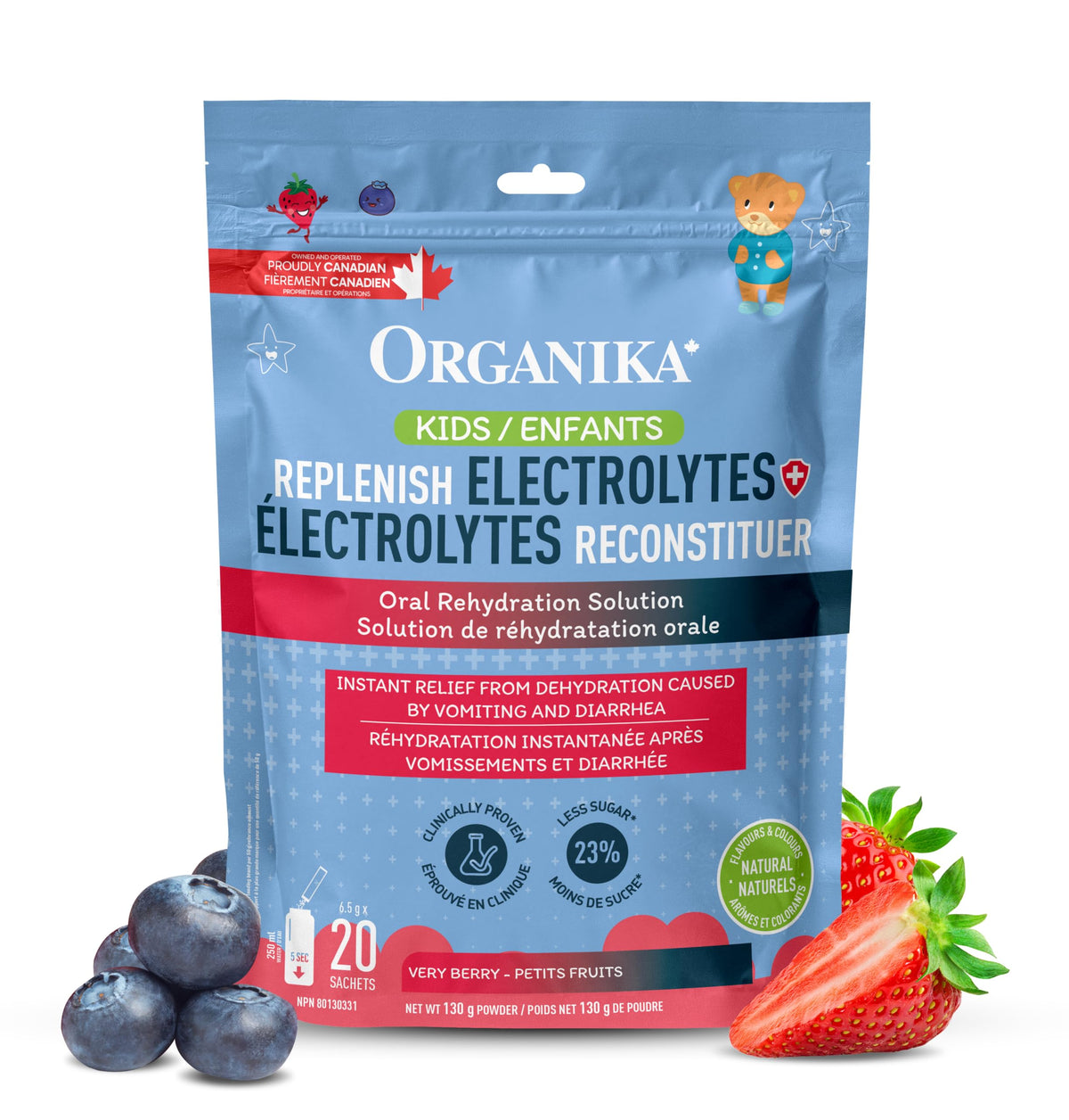 Organika Kids Replenish Electrolytes Powder - Dehydration Relief and Isotonic Electrolyte Powder For Kids, Berry Flavour, Free from Artificial Preservatives, Sweeteners and Colours - 6.5g x 20 sachets