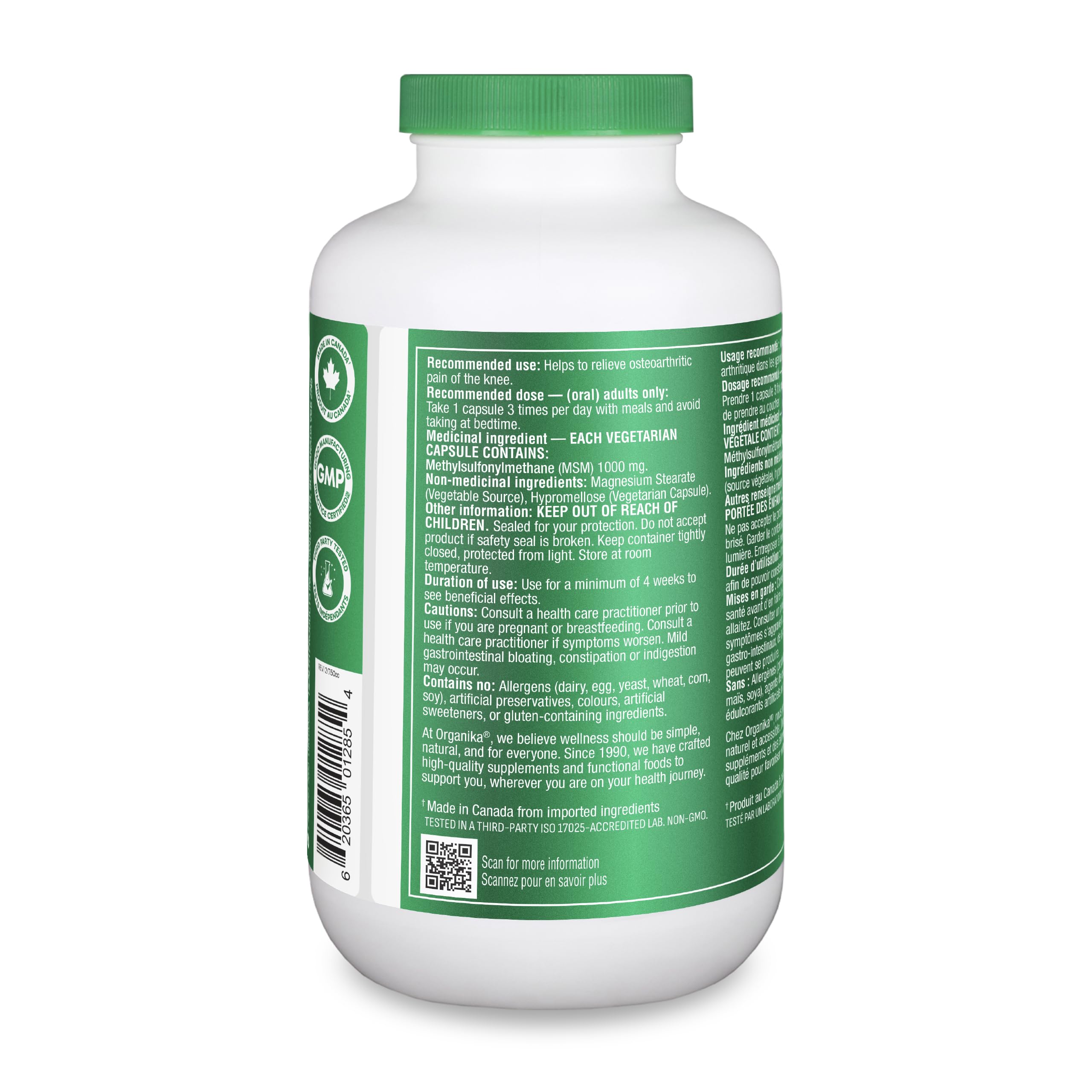 Organika MSM - Joint Support and Inflammation Relief Supplement | Supports Healthier Joints, Bones and Cartilage | Stronger Hair, Skin and Nails | Potent Antioxidant | 1,000mg of MSM - 360 vcaps
