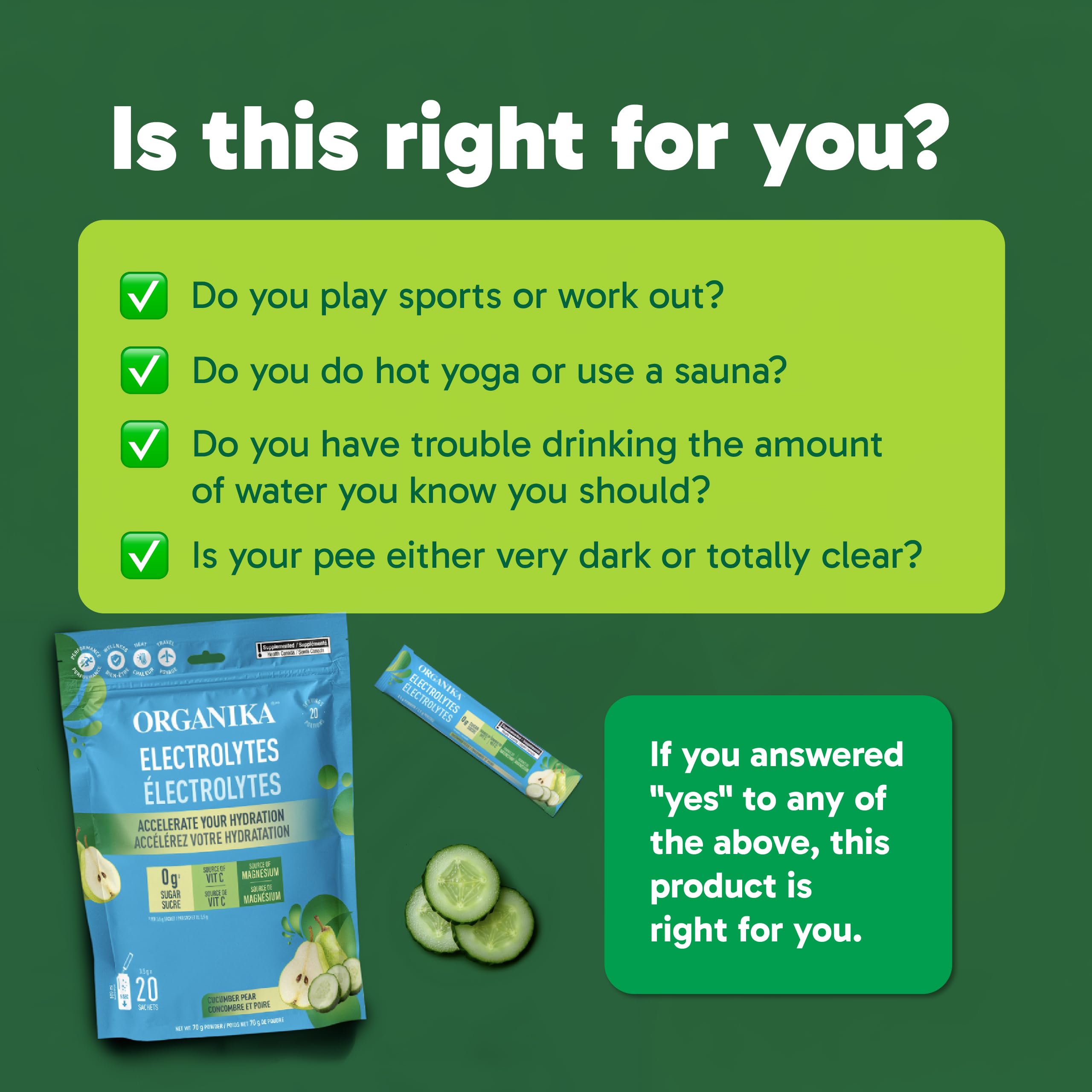 Organika Canadian-Made Electrolytes Powder with Vitamin C & Prebiotic Fibre - Sugar-Free Hydration Drink Mix - Cucumber Pear- 20 Single-Serve Sachets x 3.5g
