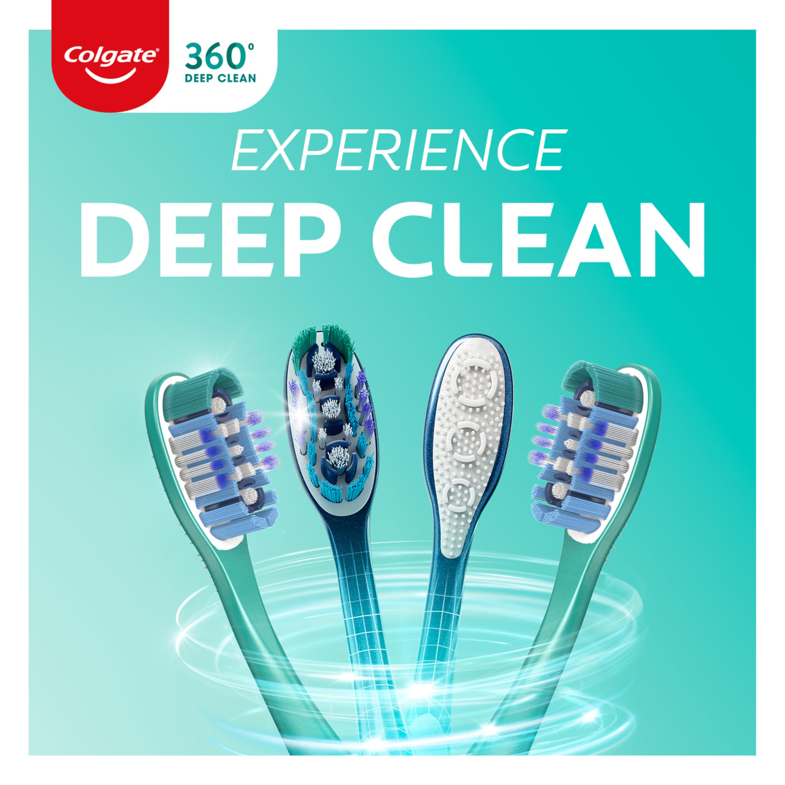 Colgate 360 Adult Toothbrush, Medium (Pack of 4), Experience Deep Clean, 4-in-1 Bacteria Removal, Multiheight Floss-Tip Bristle Design Cleans Between Teeth