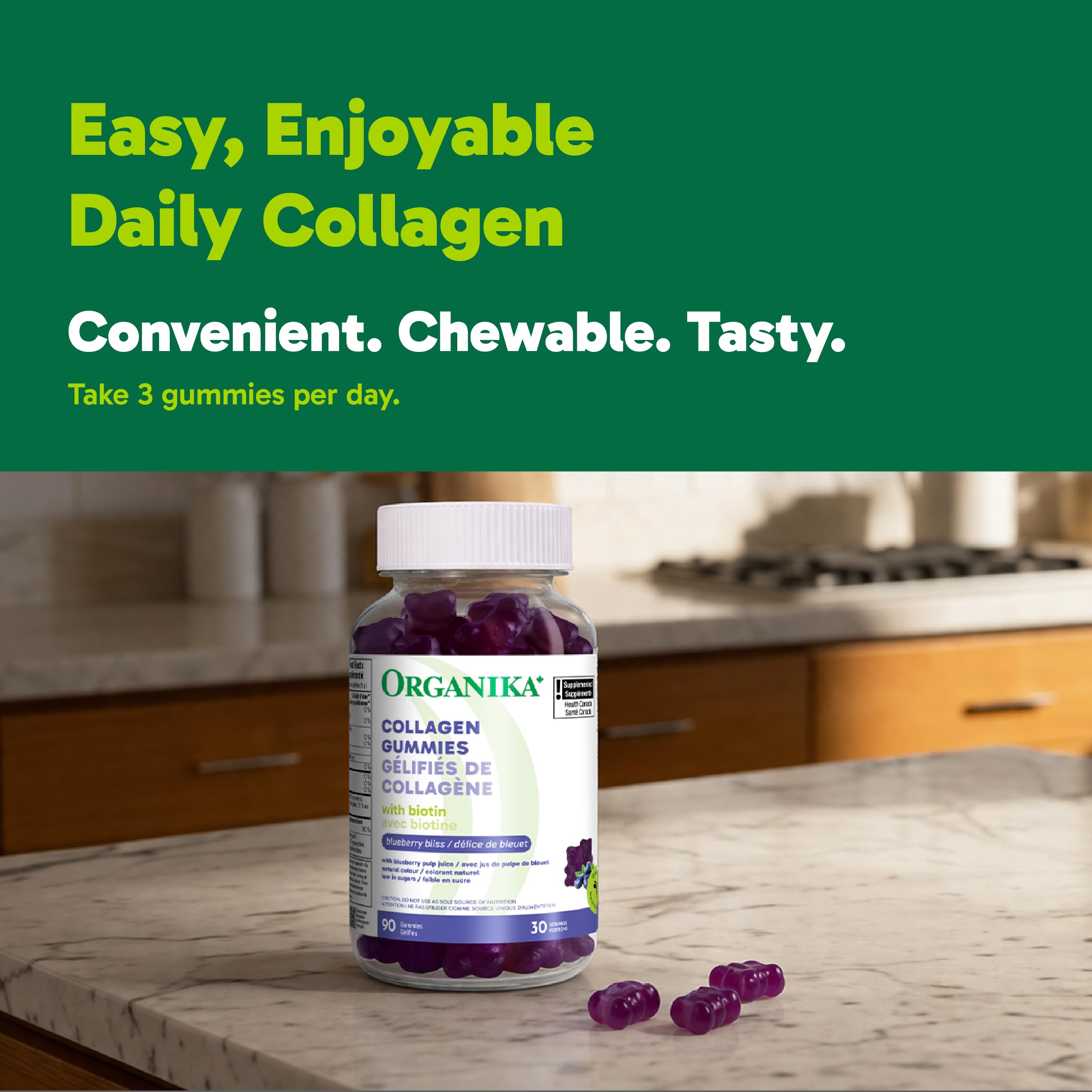 Organika Collagen Gummies with Biotin – 2500 mg Collagen Per Serving for Skin, Hair and Joint Health – Blueberry Bliss Flavour, Easy to Take – 90 Gummies