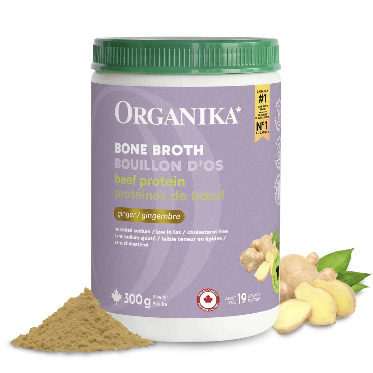 Organika Beef Bone Broth Powder with Ginger- Grass-Fed and Pasture Raised Cows- Keto Friendly, High Protein and Mineral Content, 300g