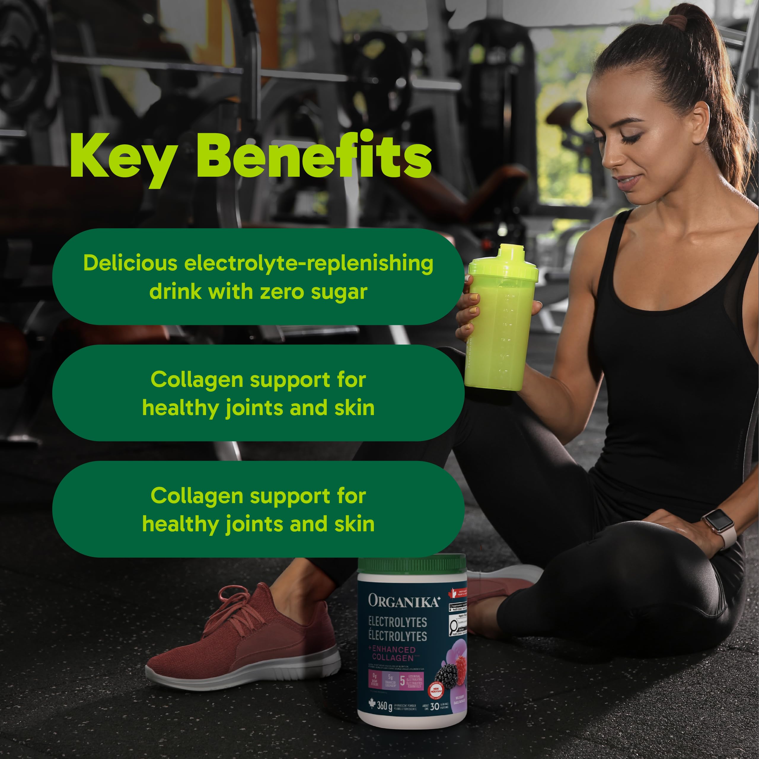 Organika Canadian-Made Electrolytes + Enhanced Collagen - Daily Hydration Powder with 5g of Collagen for Hair, Skin and Nails, 100% of Daily Vitamin C, Wildberry Flavour, 360 g, 30 Servings