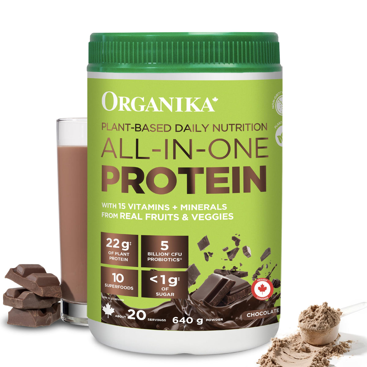 Organika All-in-One Plant Protein Powder – Chocolate – 22g Protein, 15 Vitamins & Minerals, 5 Billion CFU Probiotics, 1g Prebiotic Fibre, 0g Sugar – Complete Nutrient Source, Easy to Digest – 640g