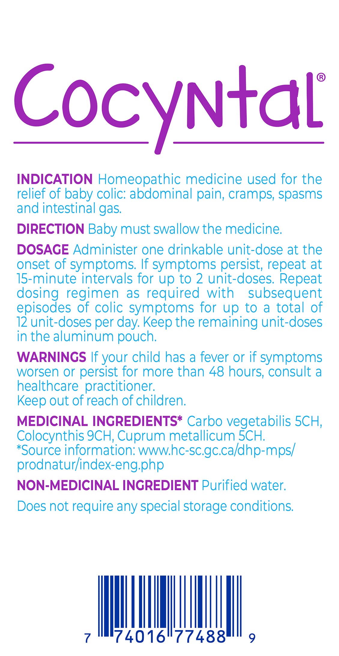Boiron Cocyntal 30 unit-doses used for infant colic: abdominal pain, cramps, spasms and intestinal gas. Age: 1 to 6 months. Day and Night use.