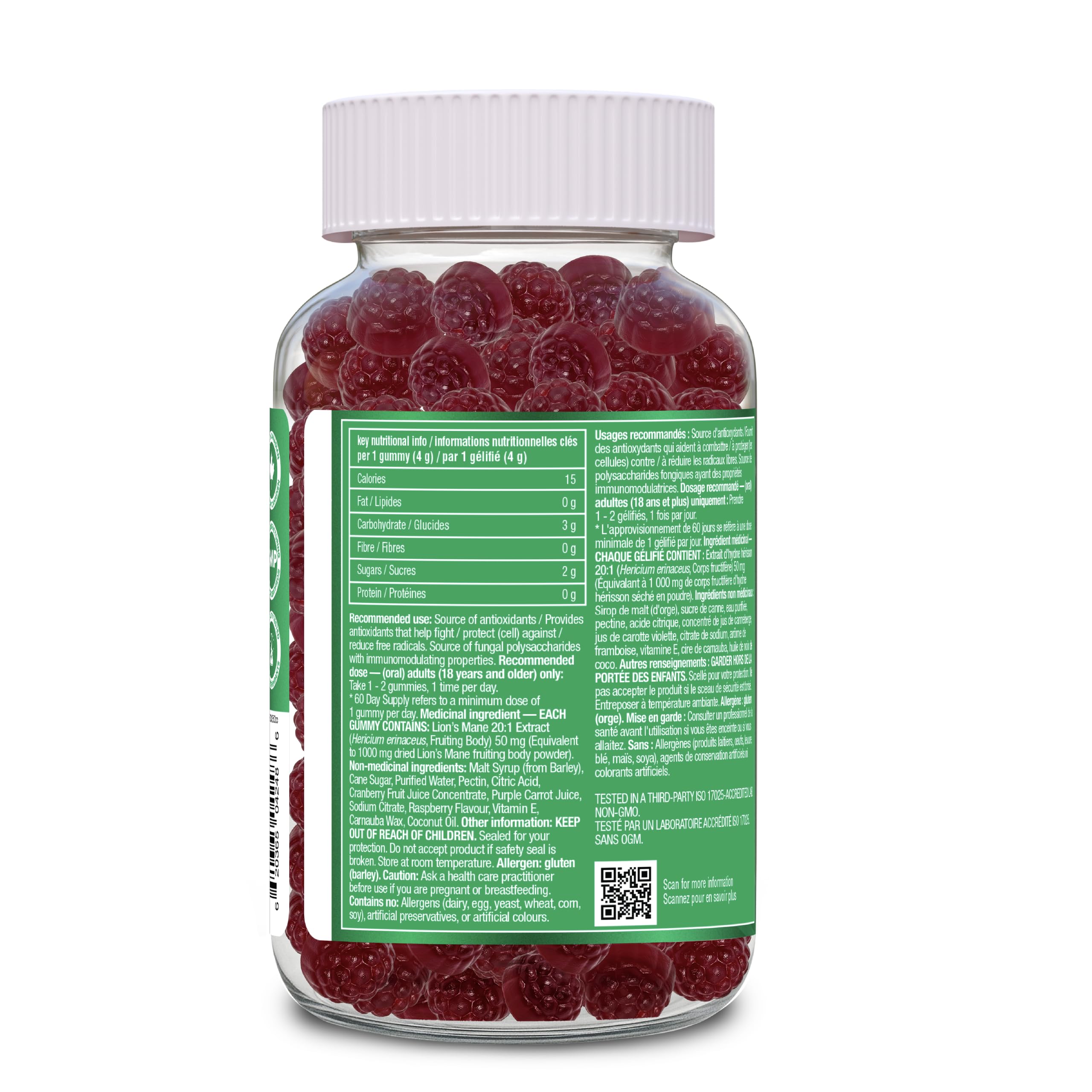Organika Lion’s Mane Mushroom Gummies – 2000 mg Equivalent per Serving | Brain & Immune Support | Antioxidant Mushroom Supplement | Raspberry Flavour- 60 gummies