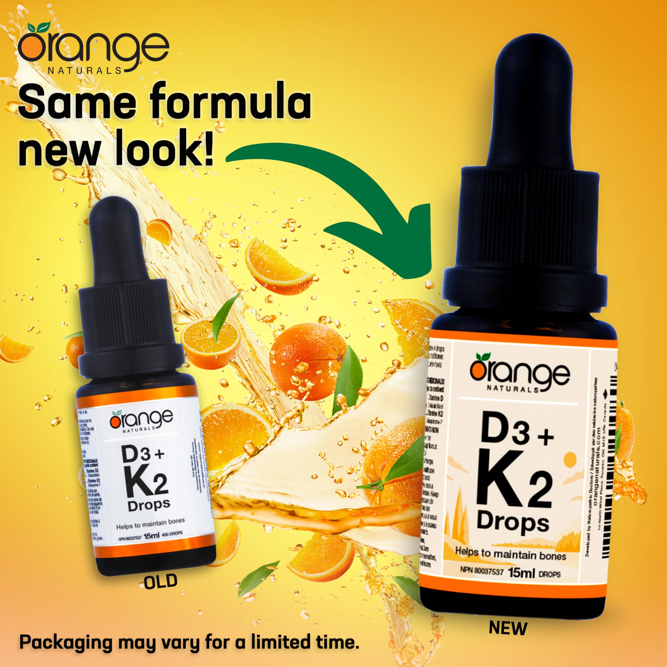Orange Naturals - Vitamin D3+K2 Drops 250IU 15ml, 75-Day Supply - Natural Orange Flavour - Support Bone, Teeth Health, Maintain Muscle, Enhanced Absorption and Prevent D Deficiency Cholecalciferol