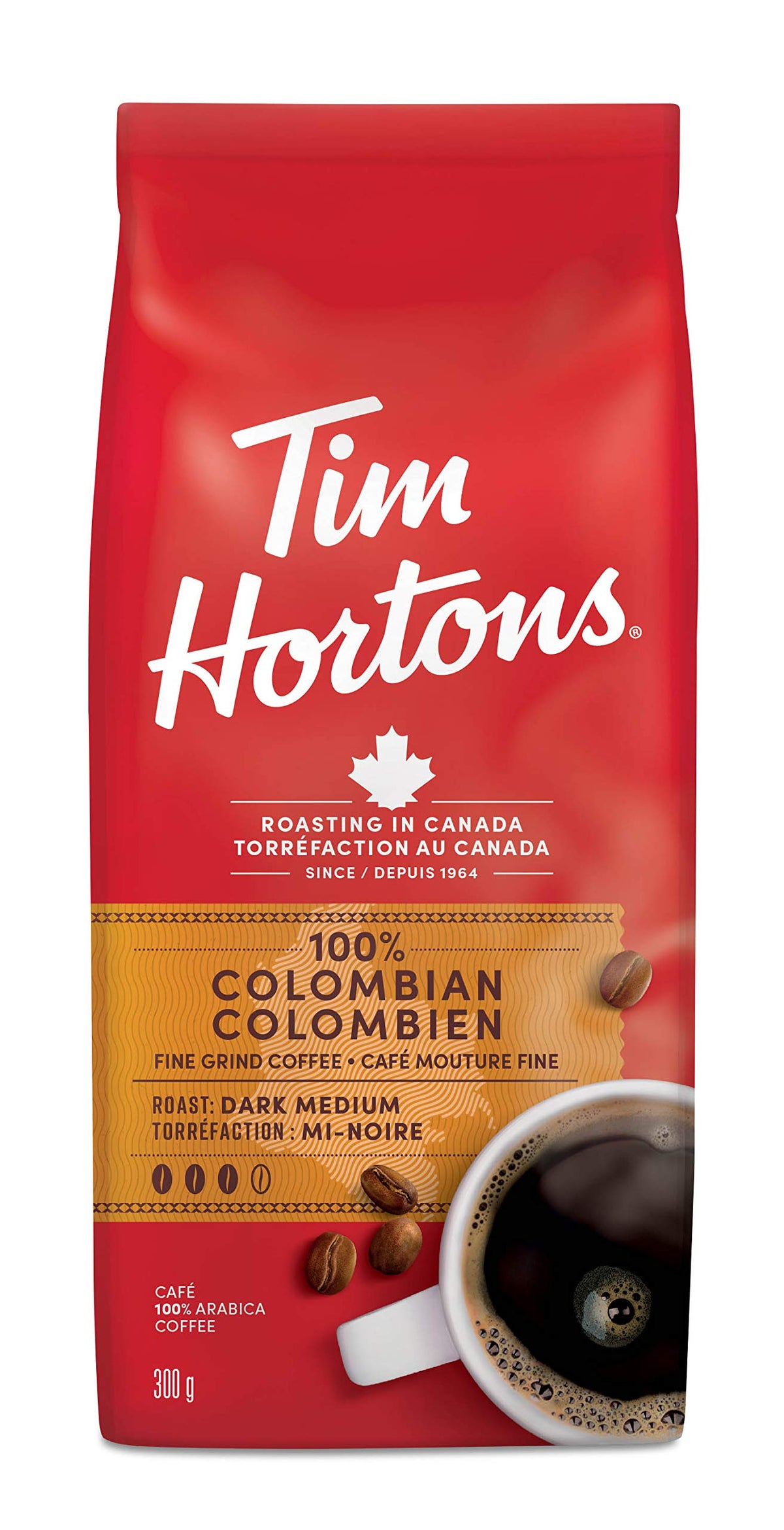 Tim Hortons 100% Colombian, Fine Grind Coffee, Medium Roast, 300g Bag
