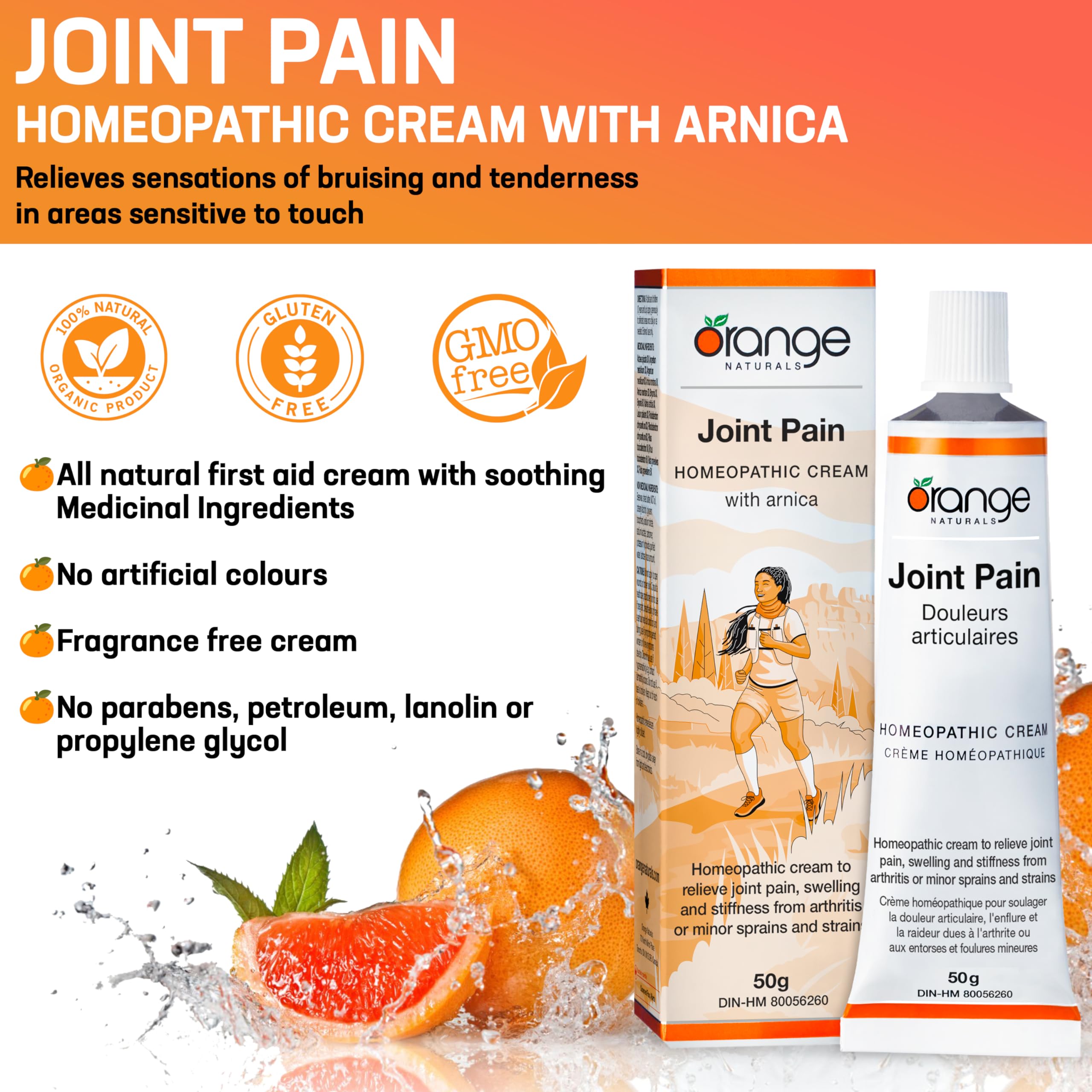Orange Naturals Joint Pain Cream with Arnica, 50g – Soothing Relief for Muscle Strains, Bruising, Swelling & Sprains, Knee & Shoulder Pain – Non-Greasy Cream for Everyday Comfort