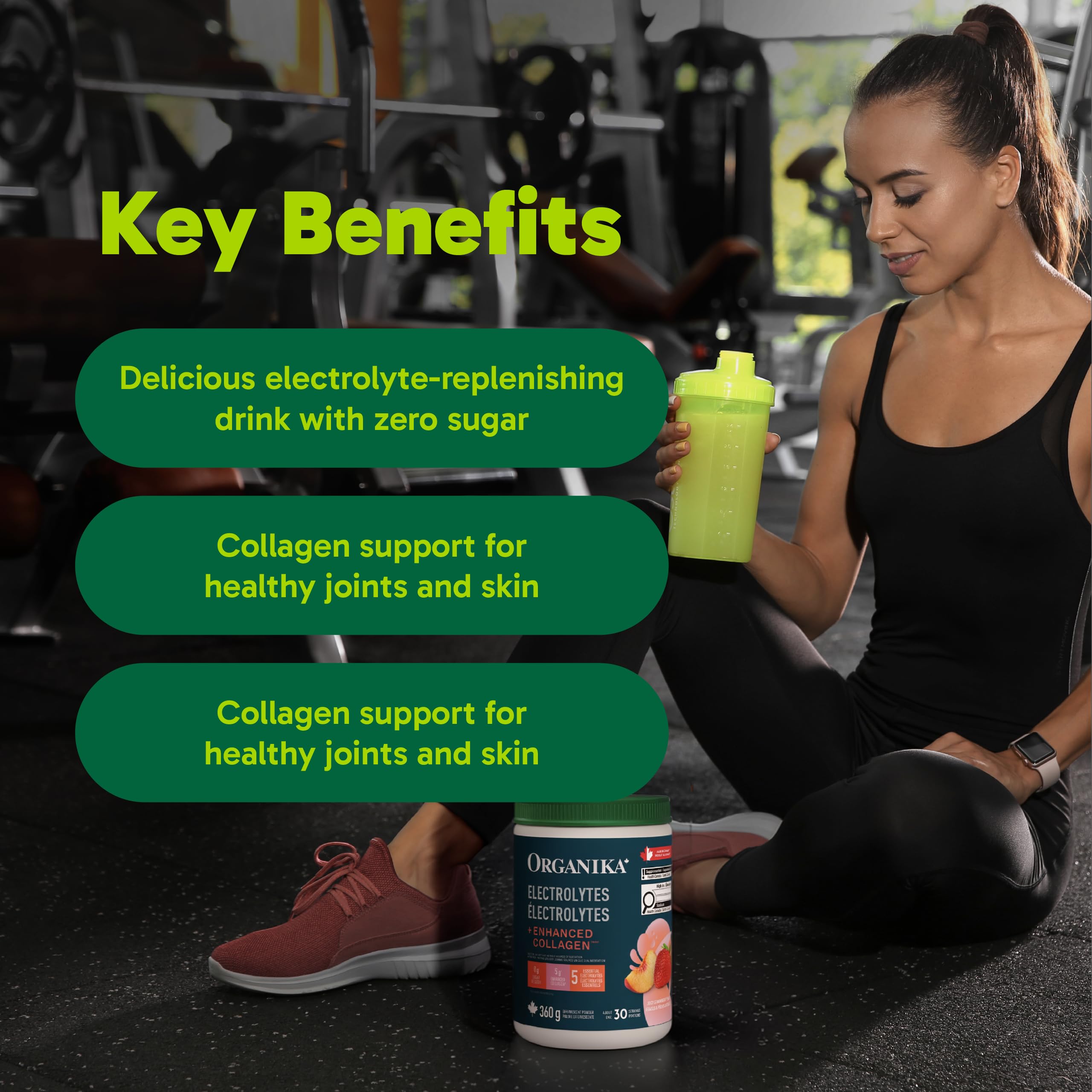 Organika Canadian-Made Electrolytes + Enhanced Collagen - Strawberry Peach Flavour - Sugar-Free Hydration | 5g Protein + 100% of Daily Vitamin C - 360g, 30 Servings
