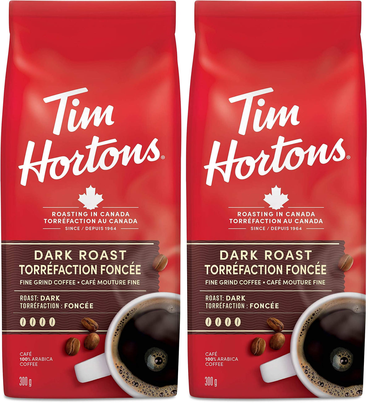 Tim Hortons Dark Roast, Fine Grind Coffee, 300g Bag (Pack of 2)