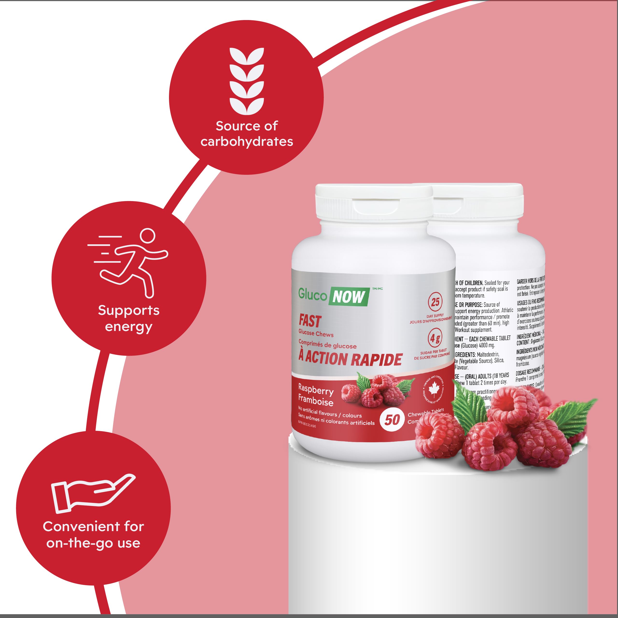 GlucoNOW FAST Glucose Chews, 4g Sugar, Raspberry Flavour - 50 chewable tablets