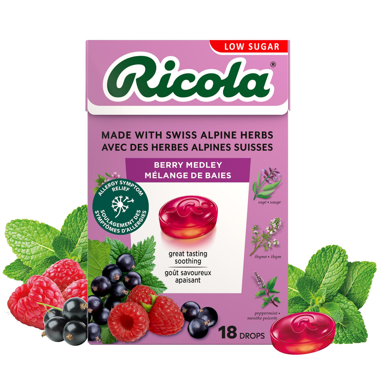 Ricola Berry Medley Herbal Cough Drops with Swiss Alpine Herbs and Low Menthol for Everyday Throat and Voice Care - 18 Count - Throat Lozenges with Low Sugar