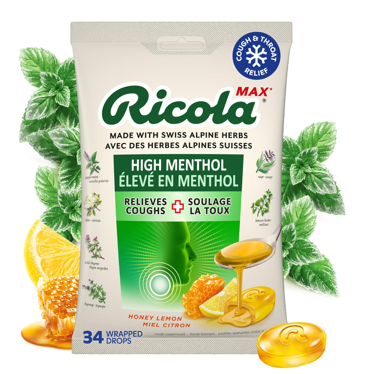 Ricola MAX Throat Care Honey Lemon Drops with Extra Menthol Liquid Centre - Maximum Cough and Sore Throat Relief for Cold & Flu Symptoms - 34 Count - Herbal Lozenges