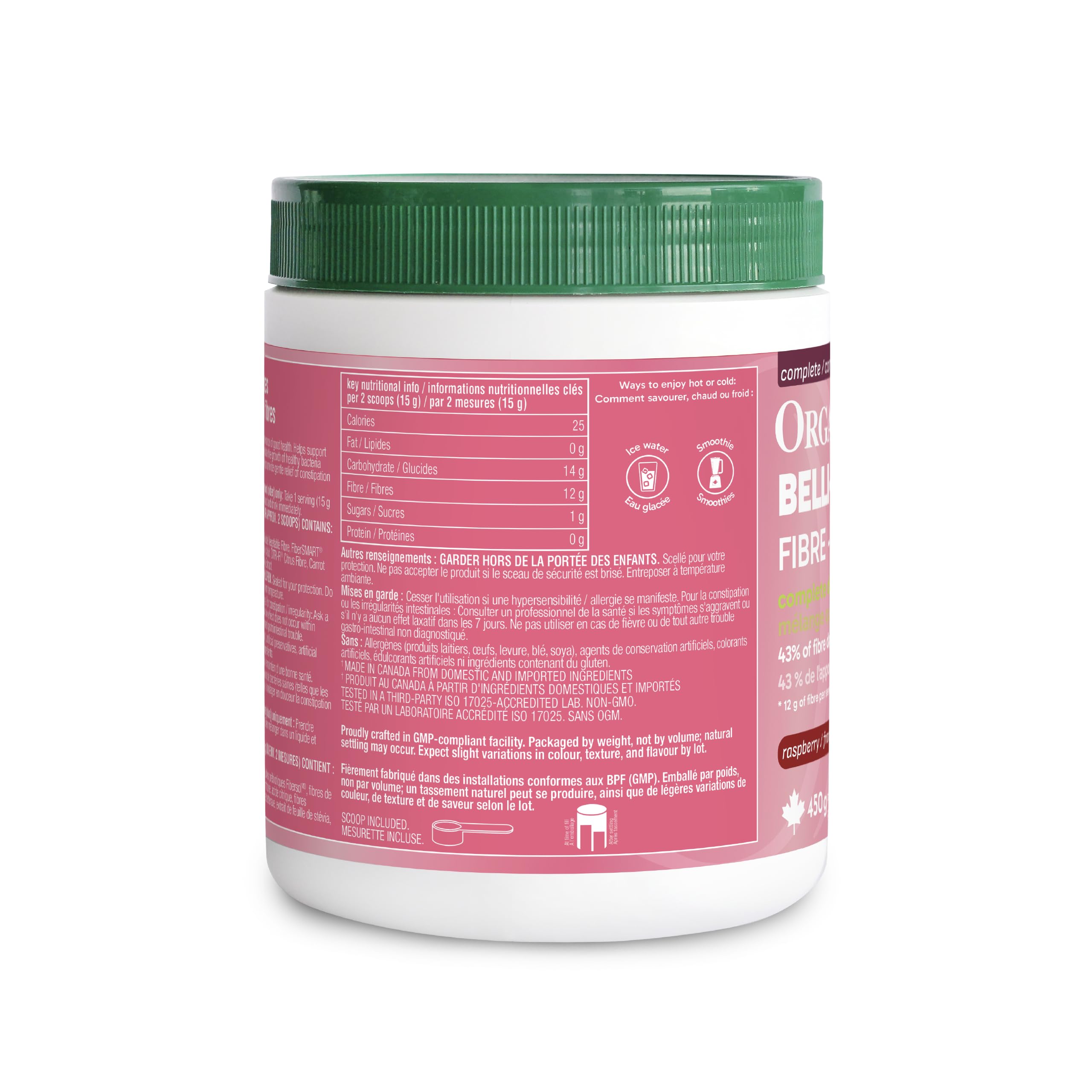 Organika Canadian-Made Belli Bliss Fibre | High Fibre Blend, 4 Diverse Sources of Fibre | Supports Digestive Health, Constipation Relief, Weight Control - Raspberry, 450g