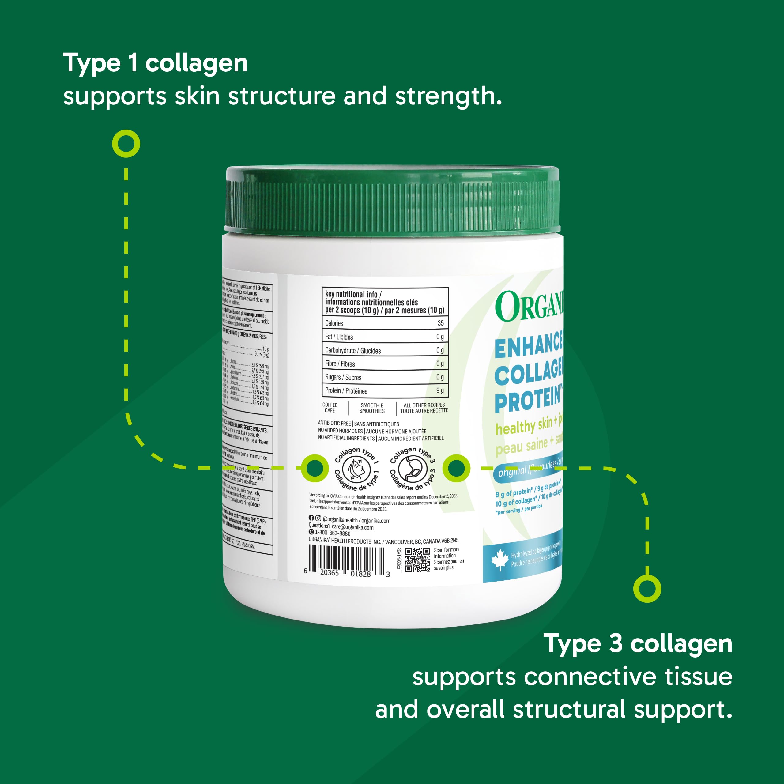 Organika Enhanced Collagen Peptides Powder (Type 1 & 3) – 10g Per Serving for Hair, Skin, Nails & Joints – Canadian-Made, Grass-Fed, Non-GMO, 500g