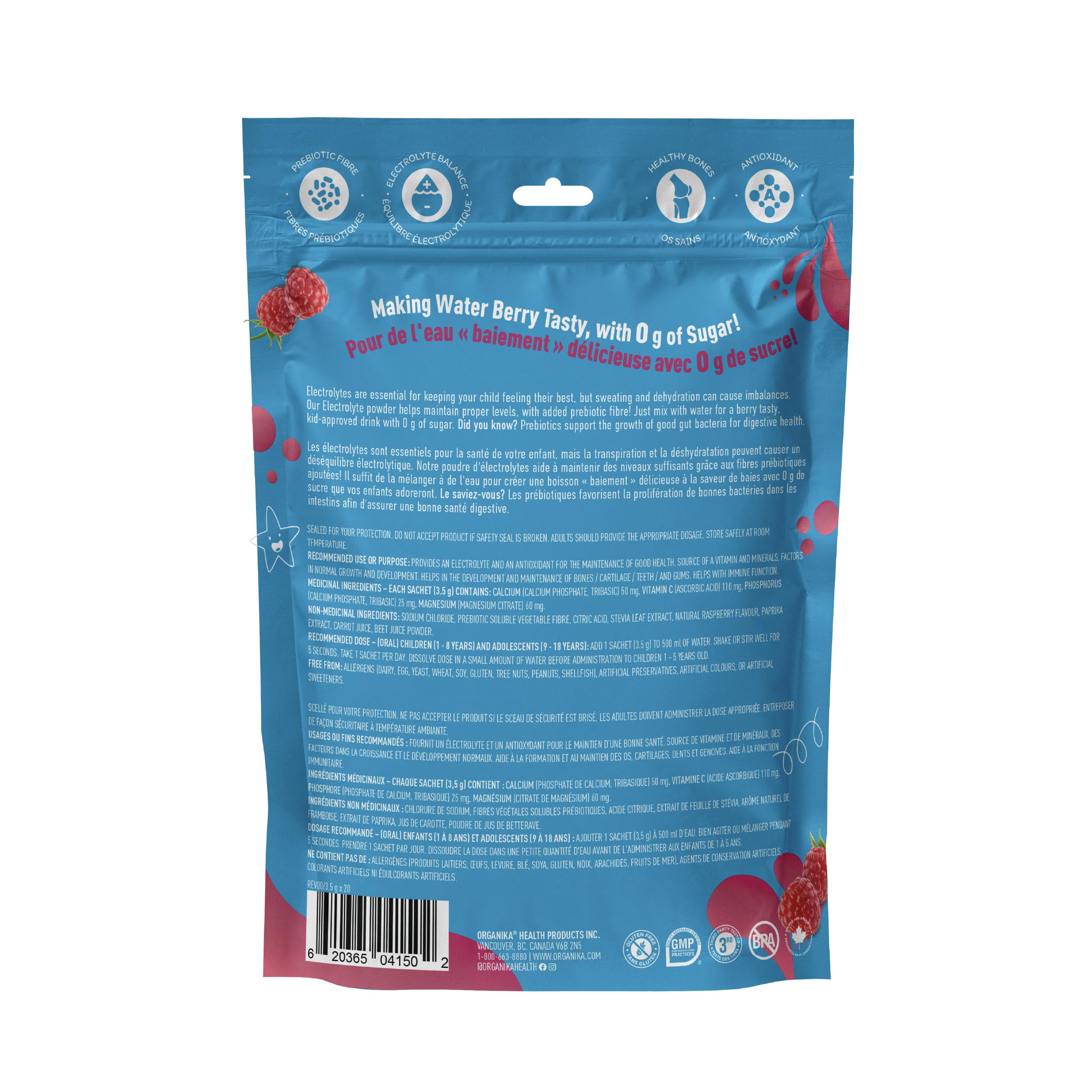 Organika Kids Electrolytes Powder Sticks - Sugar-Free Hydration + Immune support with 100% of daily Vitamin C, Minerals and Prebiotic Fibre | Raspberry Rush Flavour - 3.5g x 20 sachets