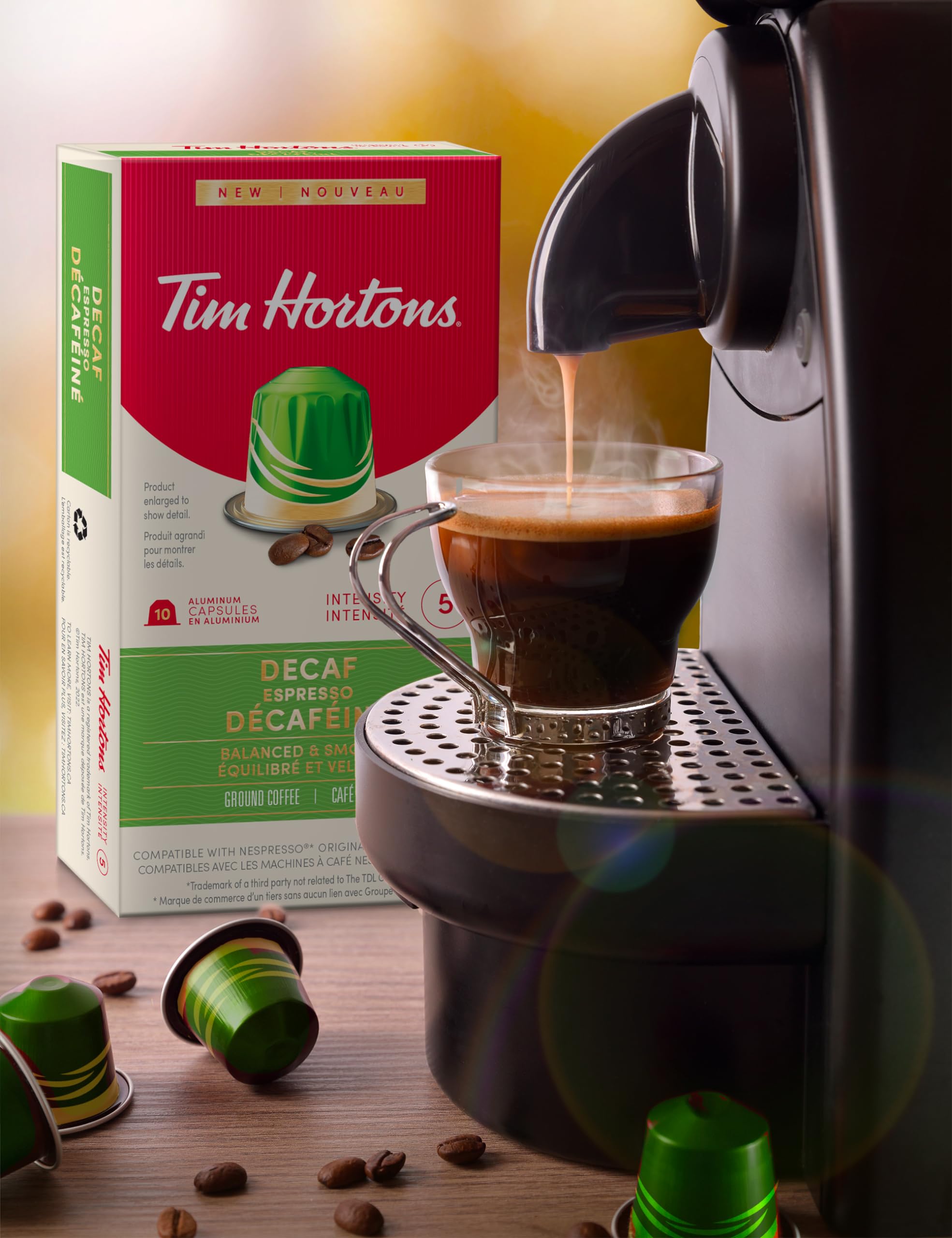 Tim Hortons Decaf Espresso Capsules, Nespresso Original Line Compatible Capsules, 10 Count