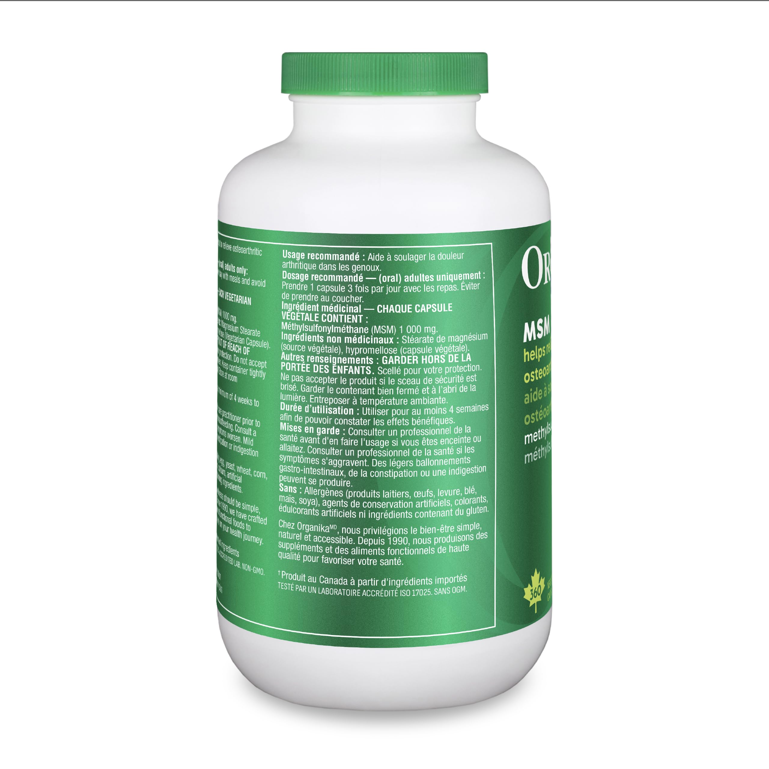 Organika MSM - Joint Support and Inflammation Relief Supplement | Supports Healthier Joints, Bones and Cartilage | Stronger Hair, Skin and Nails | Potent Antioxidant | 1,000mg of MSM - 360 vcaps
