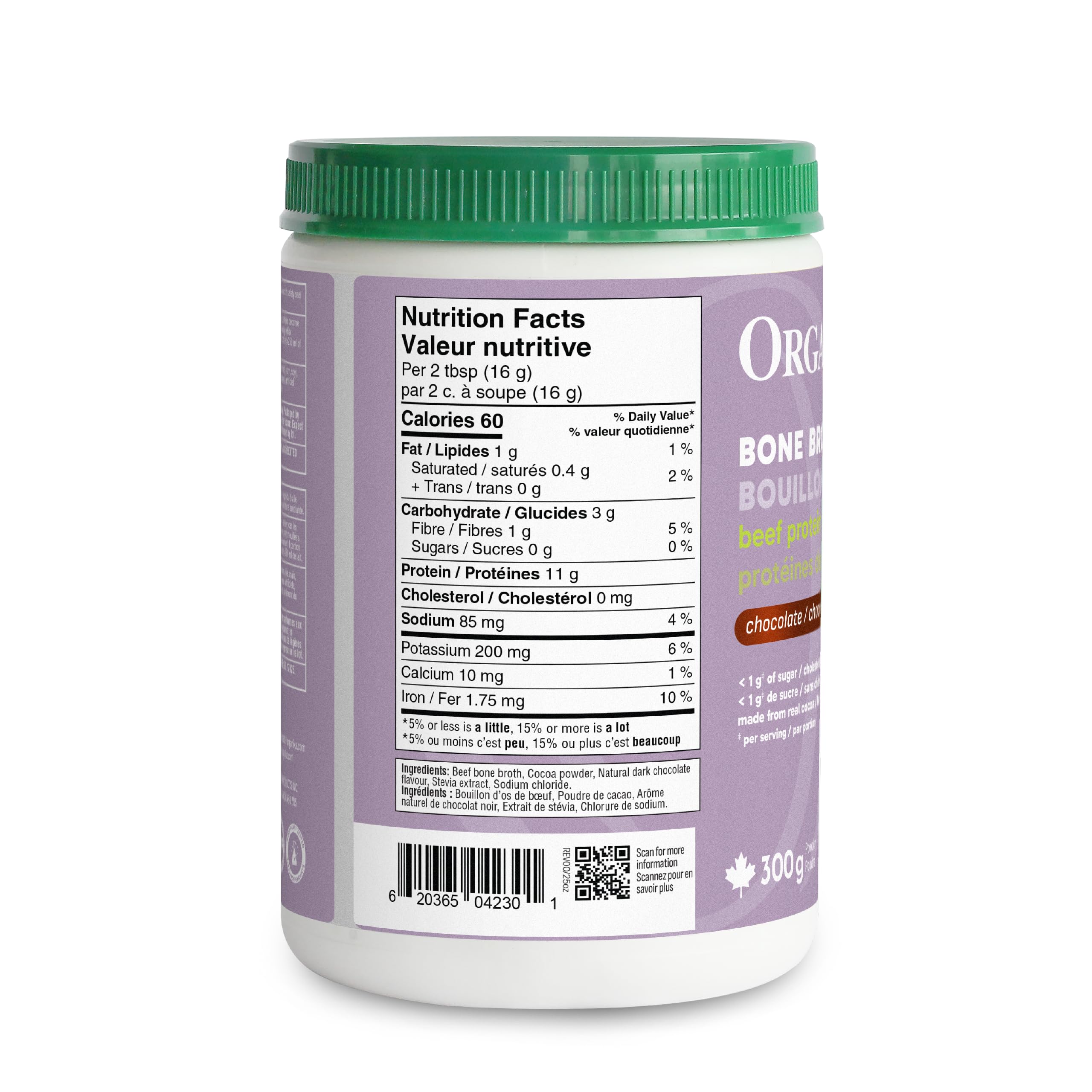 Organika Canadian-Made Beef Bone Broth Powder Chocolate Flavour- 15g Protein per Serving and Collagen Rich with Glucosamine and Hyaluronic Acid, from Grass-Fed Cattle, Keto Friendly- 300g