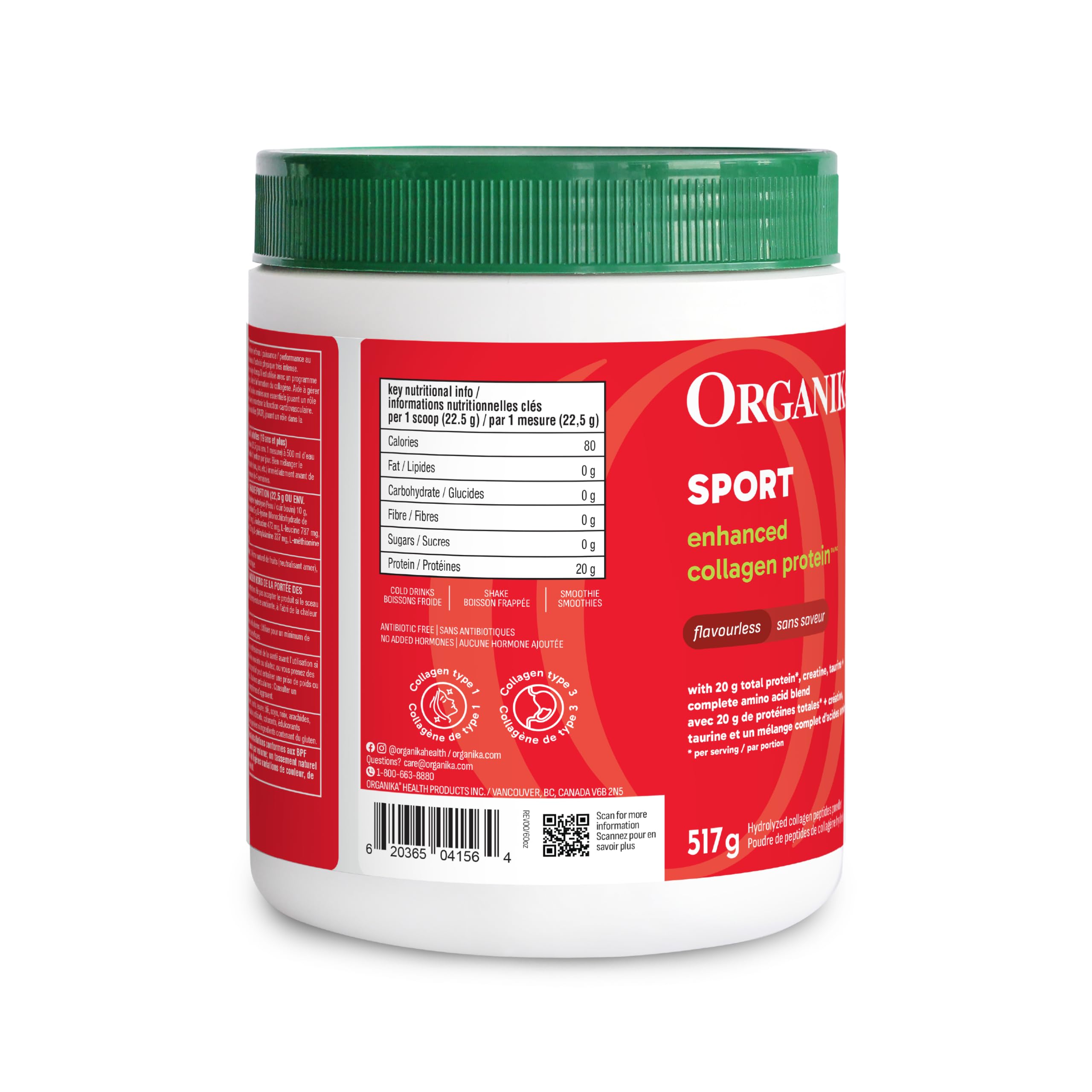 Organika Canadian-Made Enhanced Collagen Sport- 20g Collagen Protein + Creatine, Taurine, and Compete Amino Acid Profile- Promotes Muscle Growth, Strength, and Joint Health- Unflavoured- 517g
