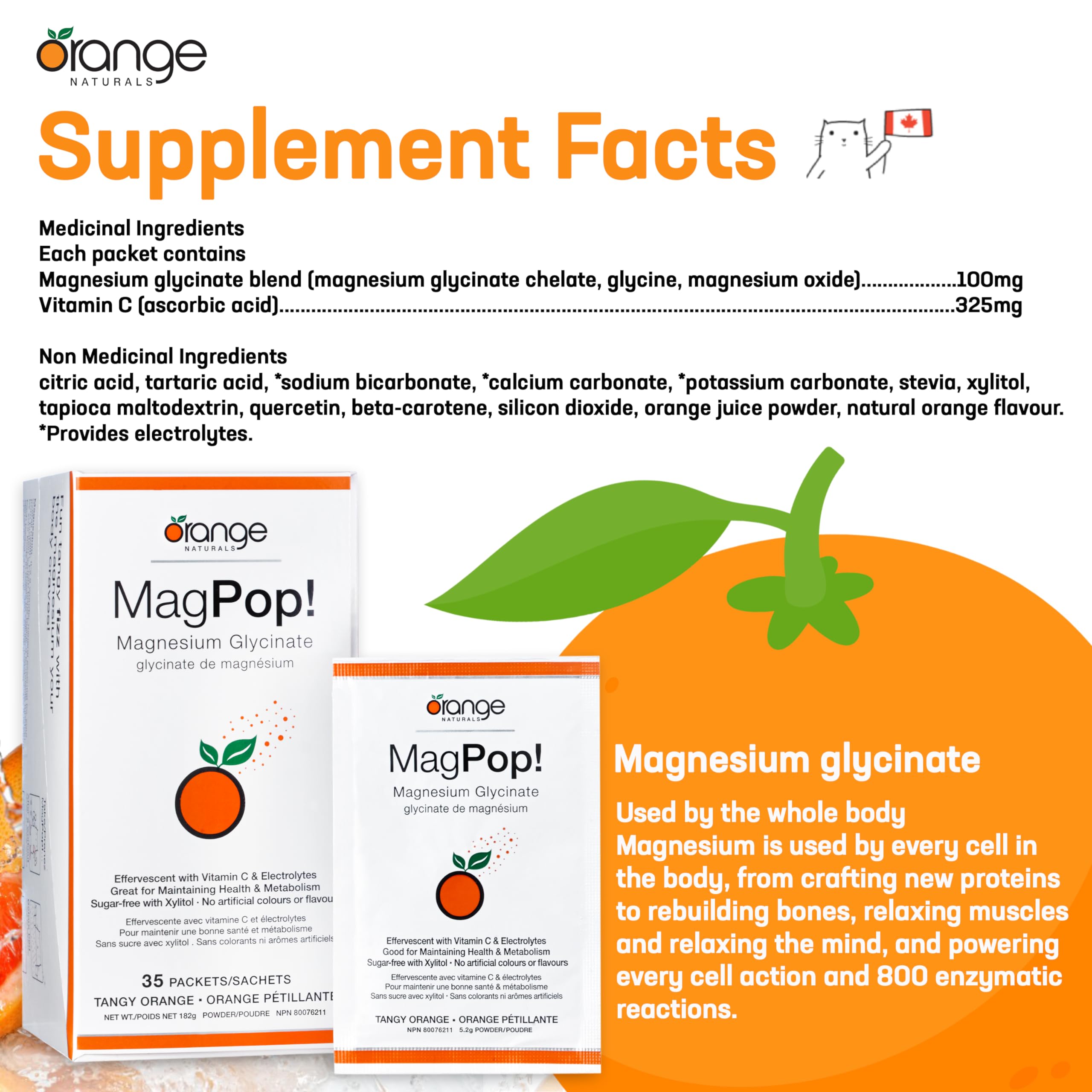Orange Naturals - MagPop! Effervescent Magnesium Glycinate Drink Powder with Vitamin C, 35 Sachets 35-Day Supply - Electrolyte Balance, Support Sleep, Relaxation & Muscle Function, Bone & Teeth Health
