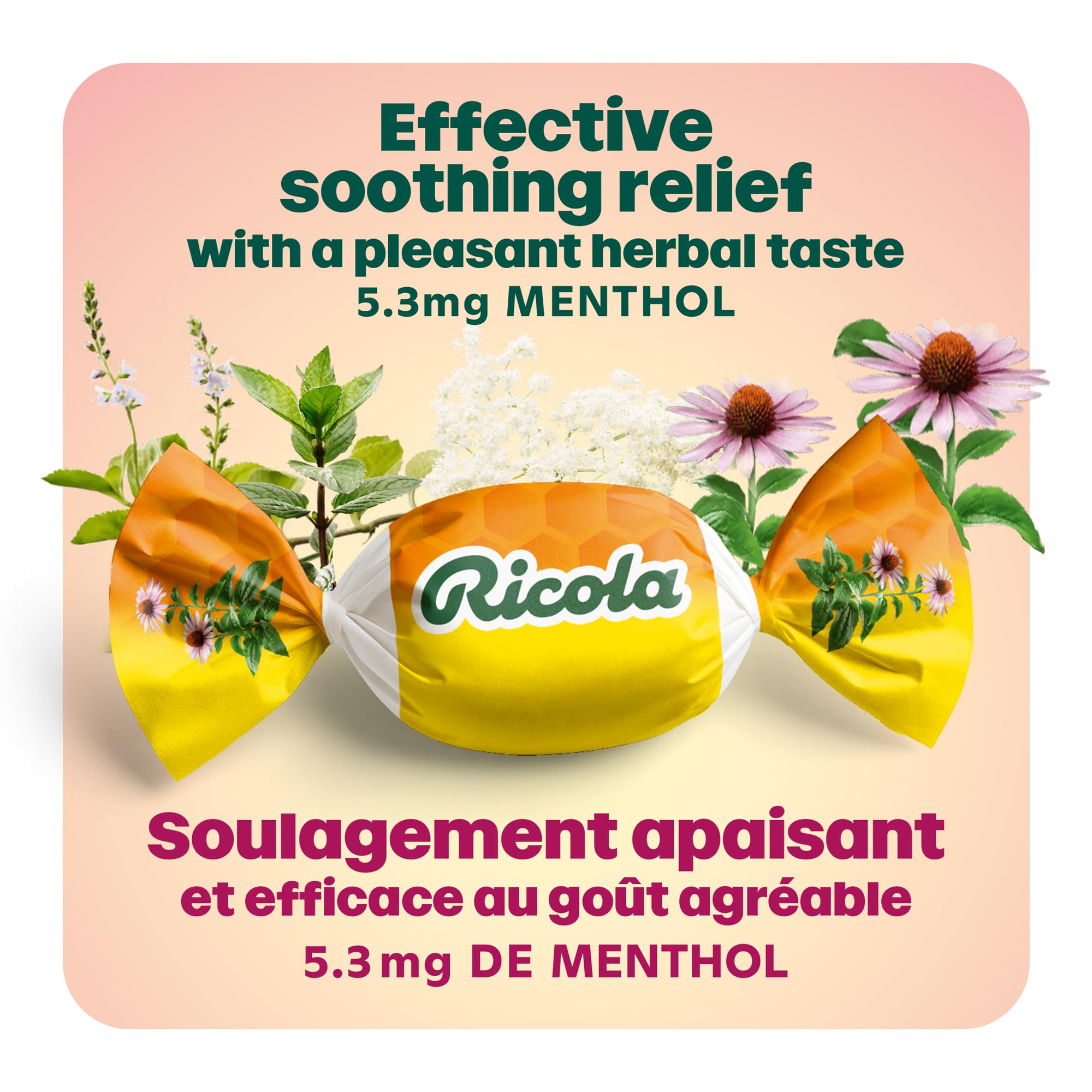 Ricola Honey Lemon Echinacea Cough Drops with Menthol - Minor Cough and Sore Throat Relief - 90 Count – Herbal Throat Lozenges