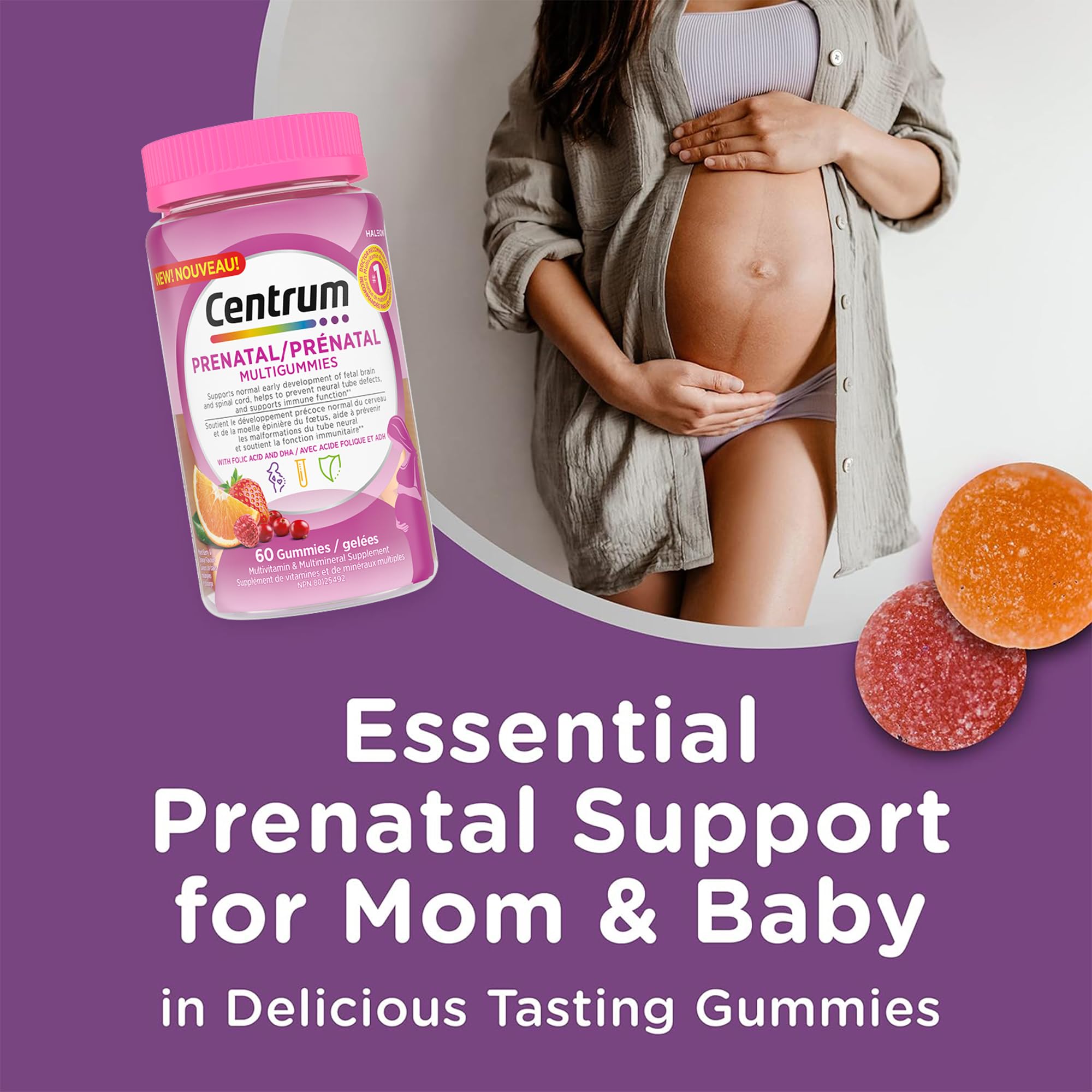 Centrum Prenatal Multigummies with DHA and Folic Acid, Postpartum Multivitamin and Mineral Supplement, 60 count, 30 day supply.