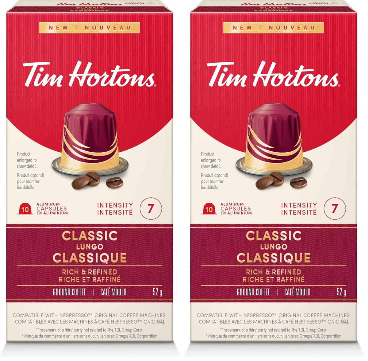 Tim Hortons Classic Lungo Capsules, Nespresso Original Line Compatible Capsules, 10 Count (Pack of 2)