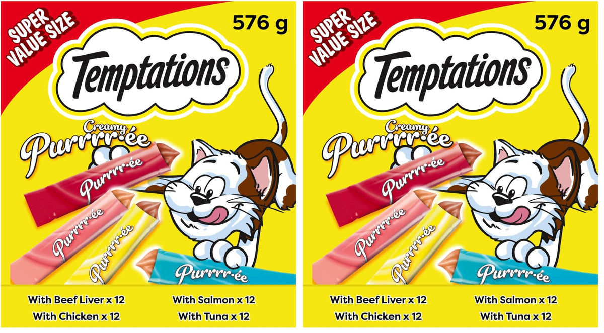 Temptations Creamy Puree Adult Lickable Cat Treats with Beef Liver, & Salmon, & Chicken & Tuna Variety Pack, 48 Pouches, 576g (Pack of 2)