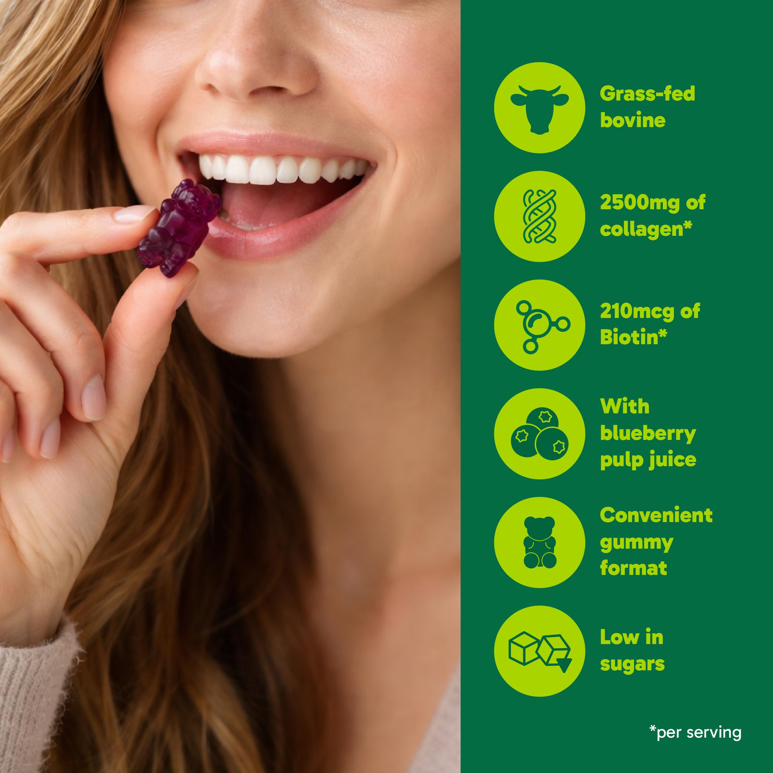 Organika Collagen Gummies with Biotin – 2500 mg Collagen Per Serving for Skin, Hair and Joint Health – Blueberry Bliss Flavour, Easy to Take – 90 Gummies