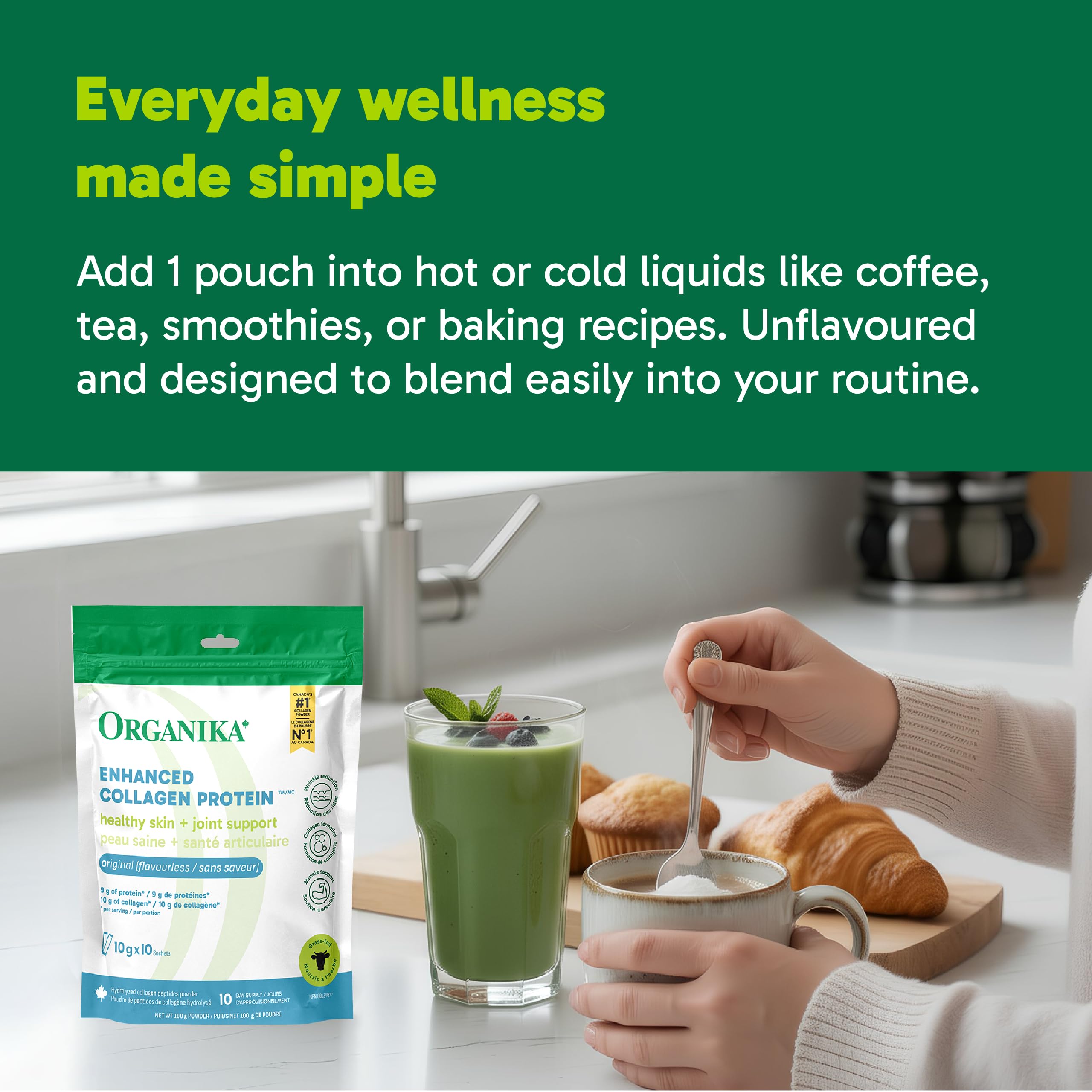 Organika Enhanced Collagen Powder (Type 1 & 3) – Single-serve sachets – 10g Per Serving for Hair, Skin, Nails & Joints – Canadian-Made, Grass-Fed, Non-GMO - 10 sachets