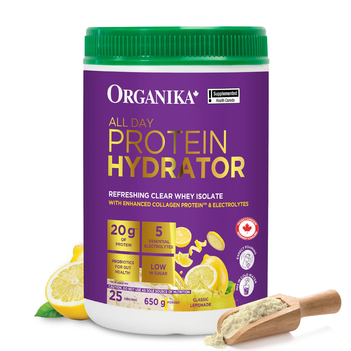Organika Protein Hydrator, Classic Lemonade – Clear Whey Isolate with Electrolytes, Collagen & Probiotics – Light, Easy-to-Digest Drink Mix, 20g Protein per Serving - 650g