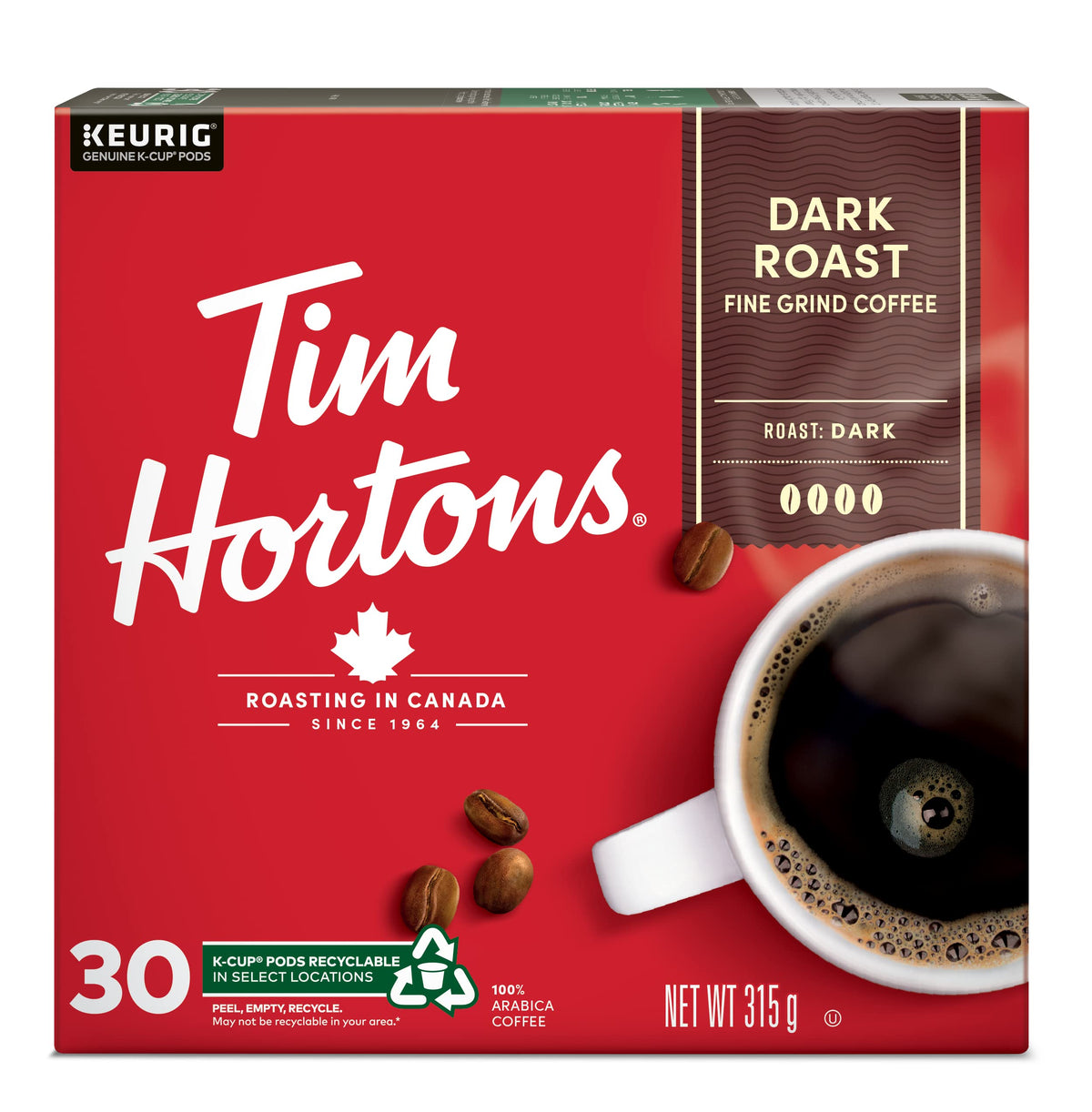 Tim Hortons Dark Roast Coffee, Single Serve Keurig K-Cup Pods, 30 Count