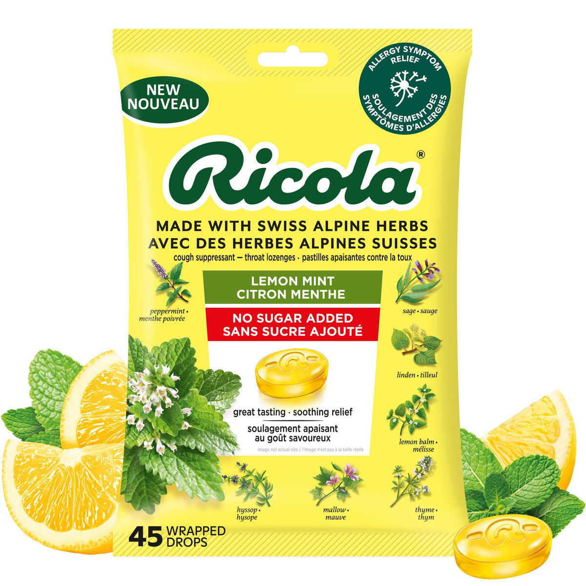 Ricola Sugar Free Lemon Mint Throat Drops, 45 Count, Refreshing Relief From Minor Throat Irritations, Oral Anesthetic