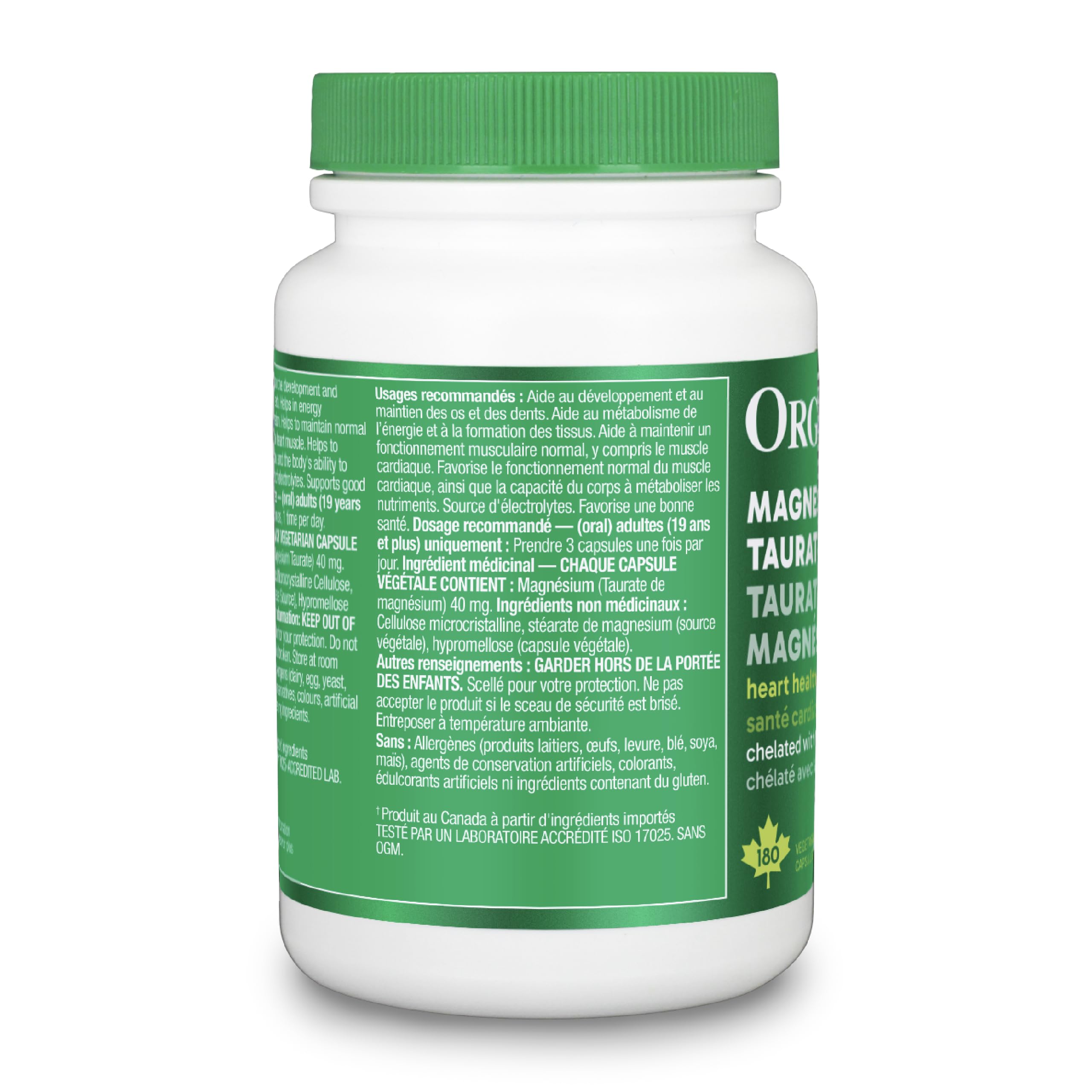 Organika Canadian-Made Magnesium Taurate - Heart & Muscle Function Support | Chelated with Taurine | Gentle on Digestion | Energy & Electrolyte Support | 180 Vegetarian Capsules