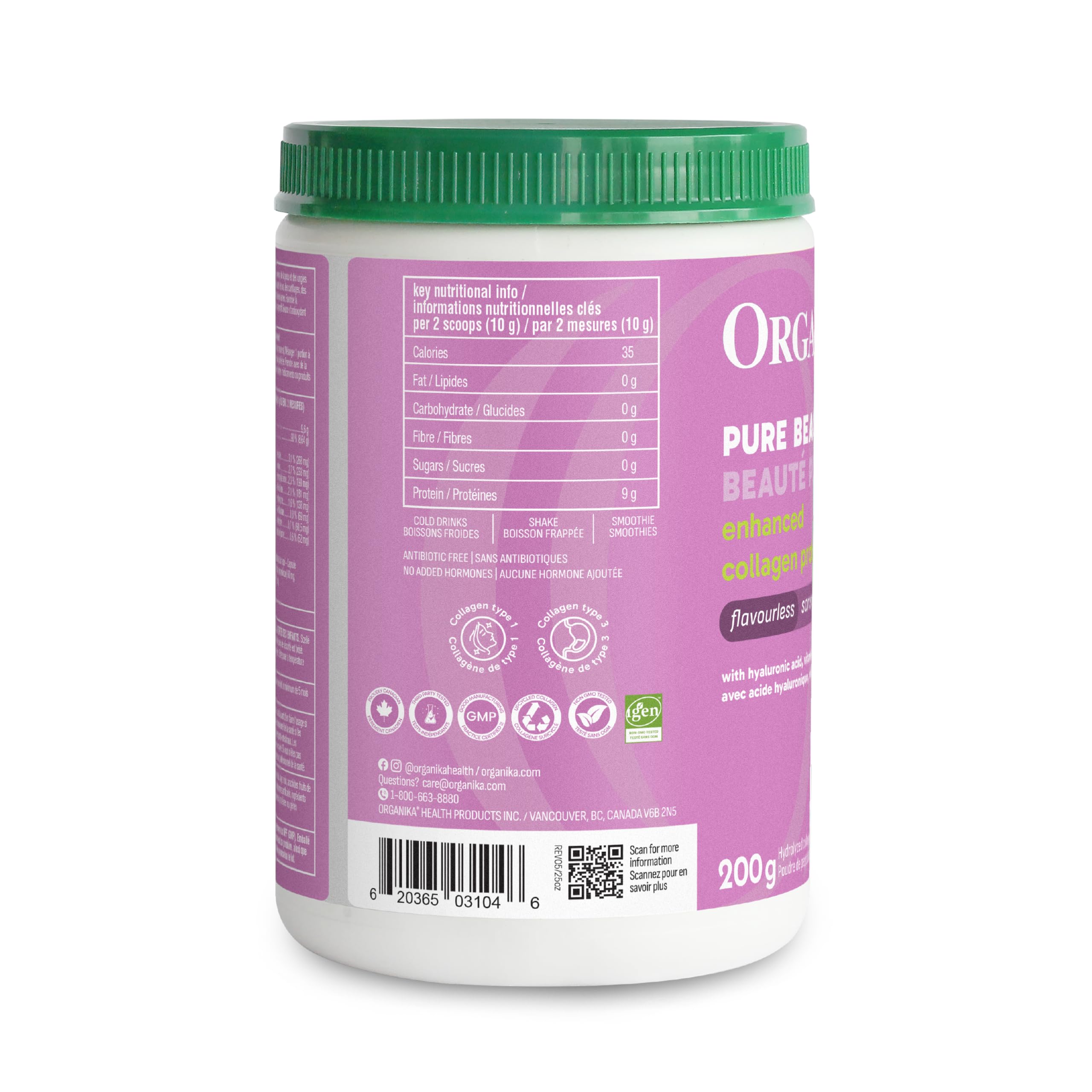 Organika Canadian-Made Enhanced Collagen Pure Beauty - Combination of Collagen, Hyaluronic Acid, Vitamin C, Zinc, and Silica- 200g
