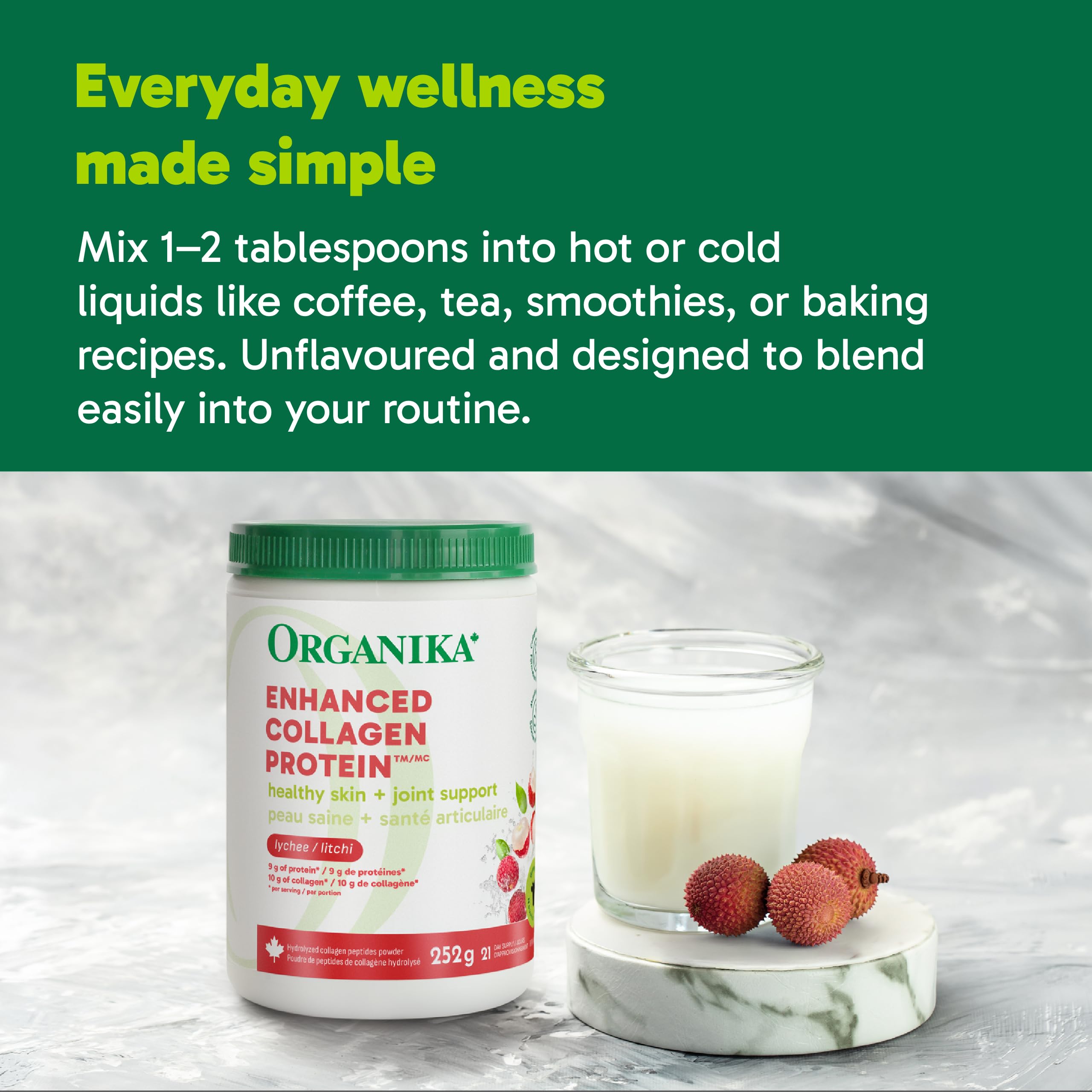 Organika Canadian-Made Enhanced Collagen Protein Powder- Lychee Flavour - Delicious flavour, High Protein Content - Hydrolyzed For Better Absorption – Grass-Fed, Non-GMO - 252g