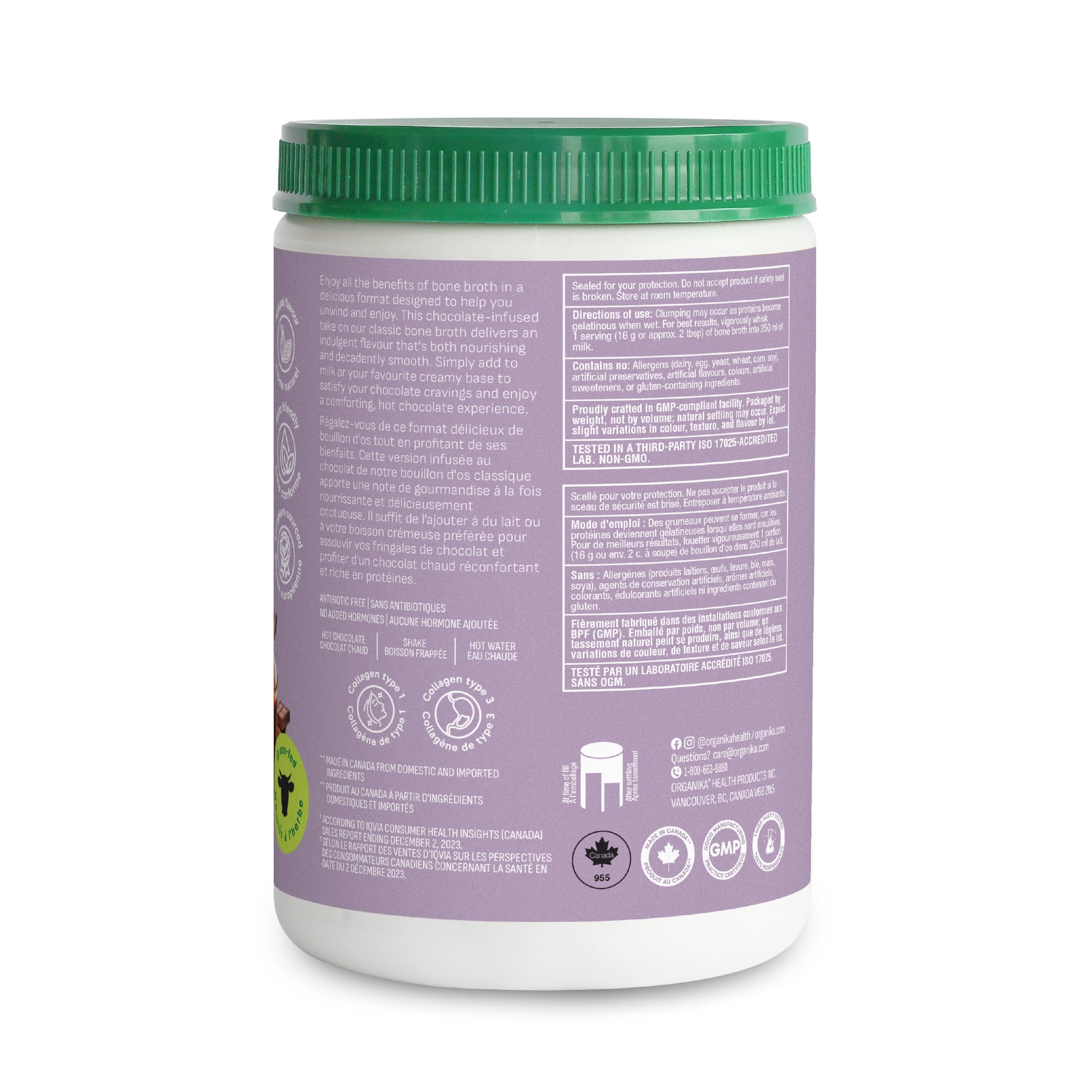Organika Canadian-Made Beef Bone Broth Powder Chocolate Flavour- 15g Protein per Serving and Collagen Rich with Glucosamine and Hyaluronic Acid, from Grass-Fed Cattle, Keto Friendly- 300g