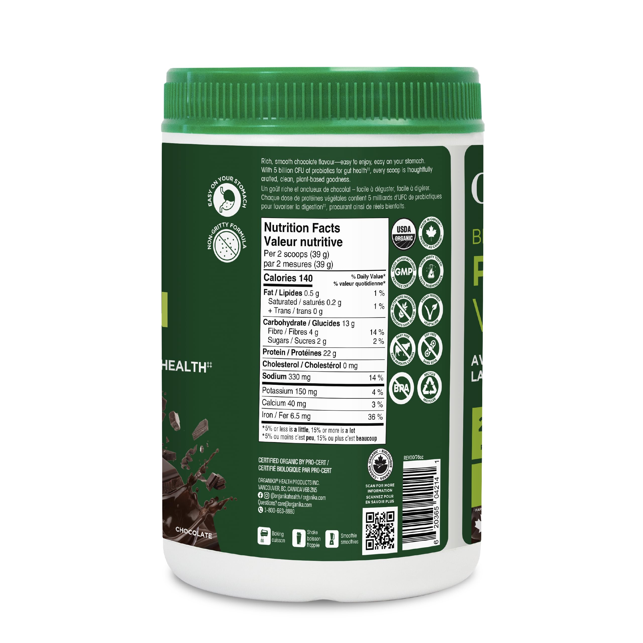 Organika Organic Plant Protein Powder Chocolate with Prebiotics & Probiotics – 22g Vegan Protein, 4g Fibre, Supports Digestion, Energy & Muscle Recovery – Low Sugar, Non-GMO – 780g
