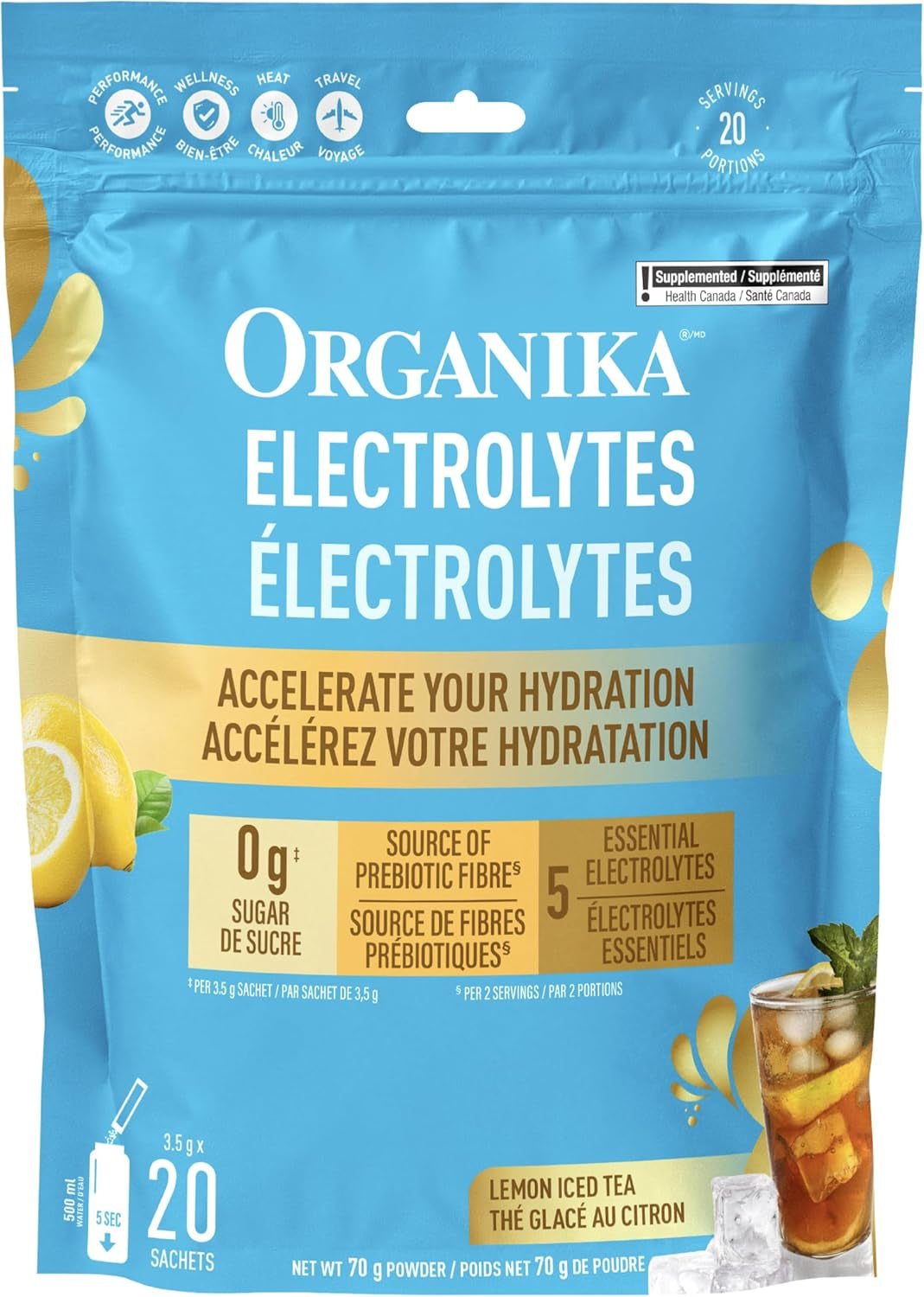 Canadian-Made Electrolytes Powder - Wild Raspberry - on the Go Sugar-Free Hydration and Electrolyte Replenishment with Prebiotics + 100% of Daily Vitamin C - 3.5G X 20 Sachets