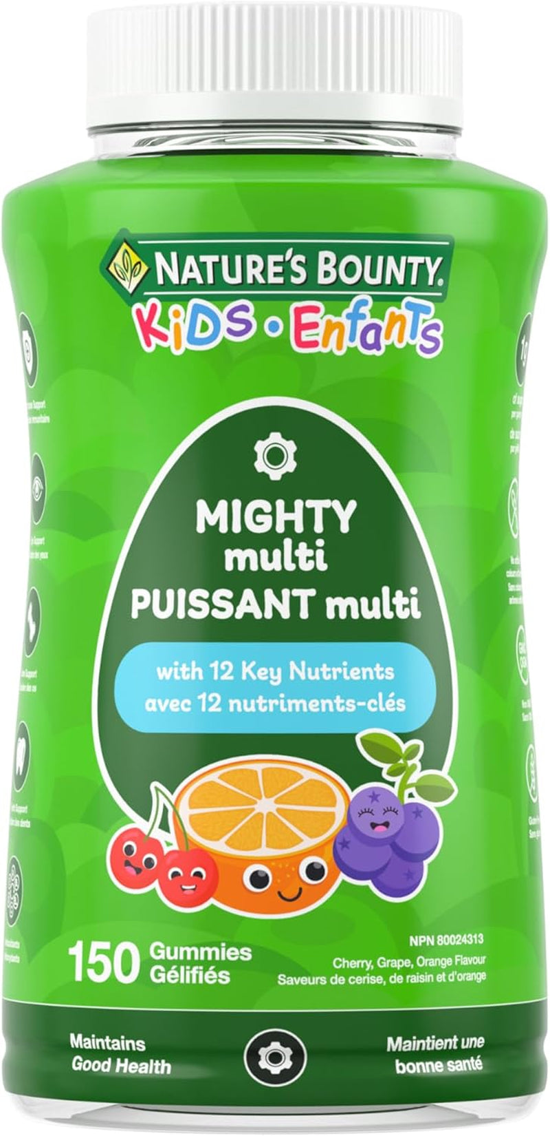 KIDS Mighty Multi, Only 1G Sugar per Gummy, Supports Immune System, Eye Health, Bones, & Teeth, Source of Antioxidants, Gluten-Free, Cherry, Grape & Orange-Flavoured Gummies, 375 G